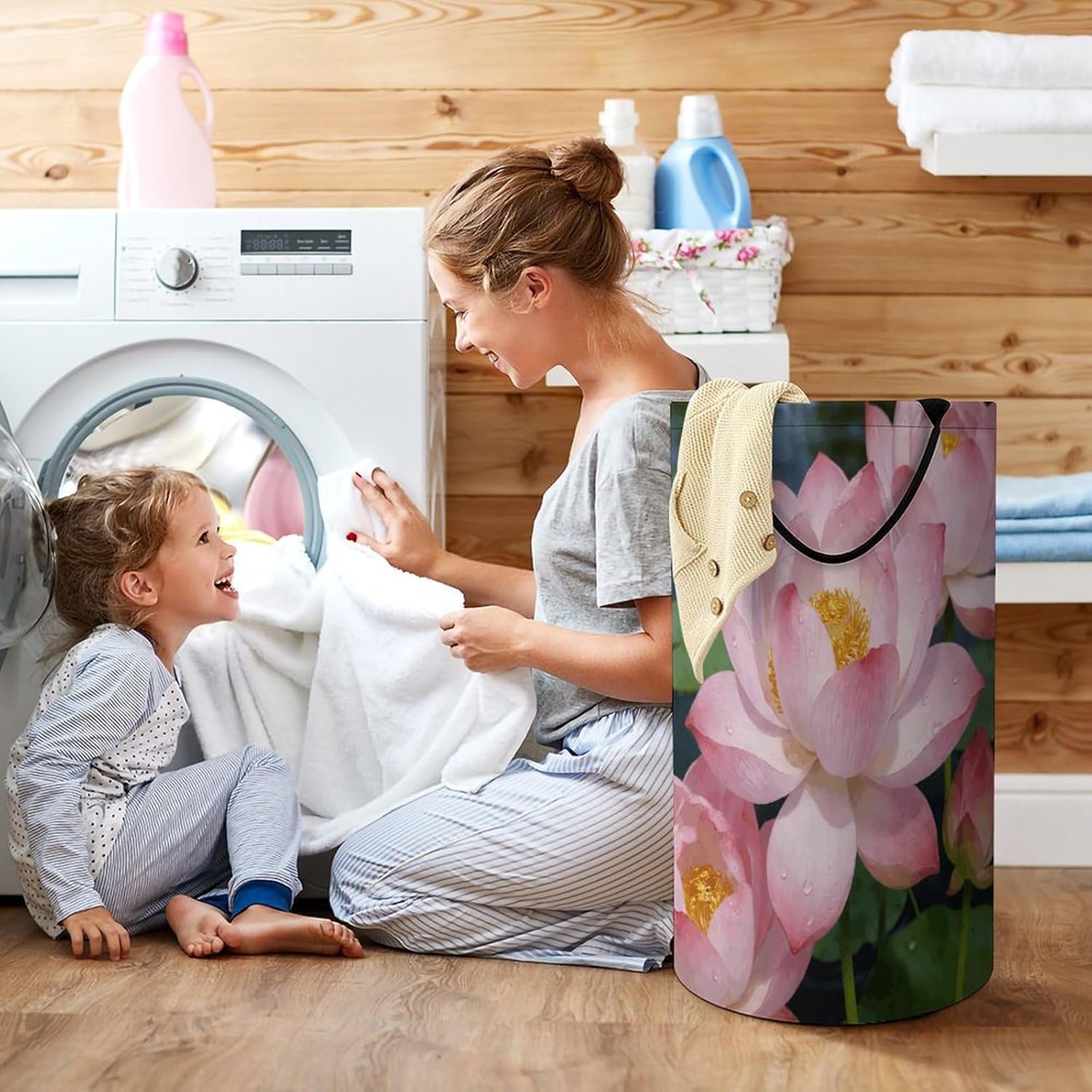 Clear Lotus with Dew Laundry Hamper 86L Waterproof Collapsible Clothes Basket with Double Handles Freestanding Foldable Laundry Basket Large Clothes Hamper for Bathroom