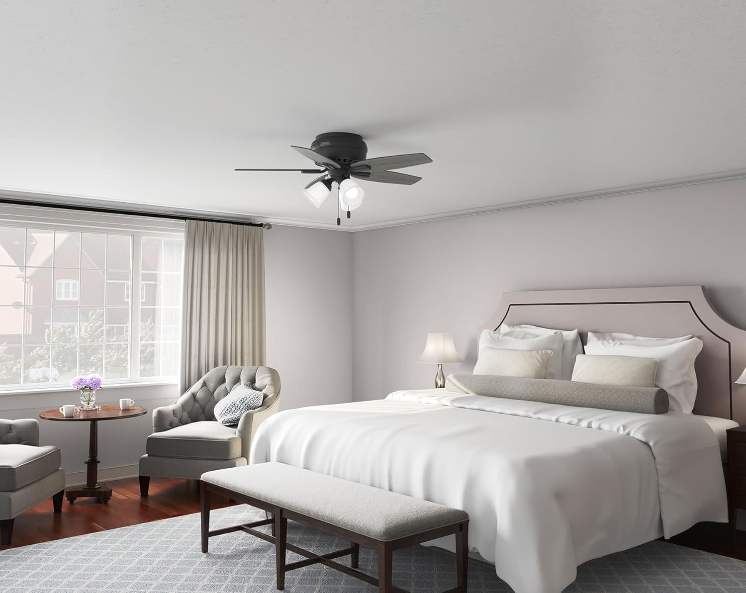 Hunter 42 inch Indoor Ceiling Fan with LED Lights - Black Ceiling Fan with Pull Chain, For Bedroom or Living Room, Low Profile Mount, No Remote, 5 Blades, Includes Bulbs - Newsome 52393, Matte Black