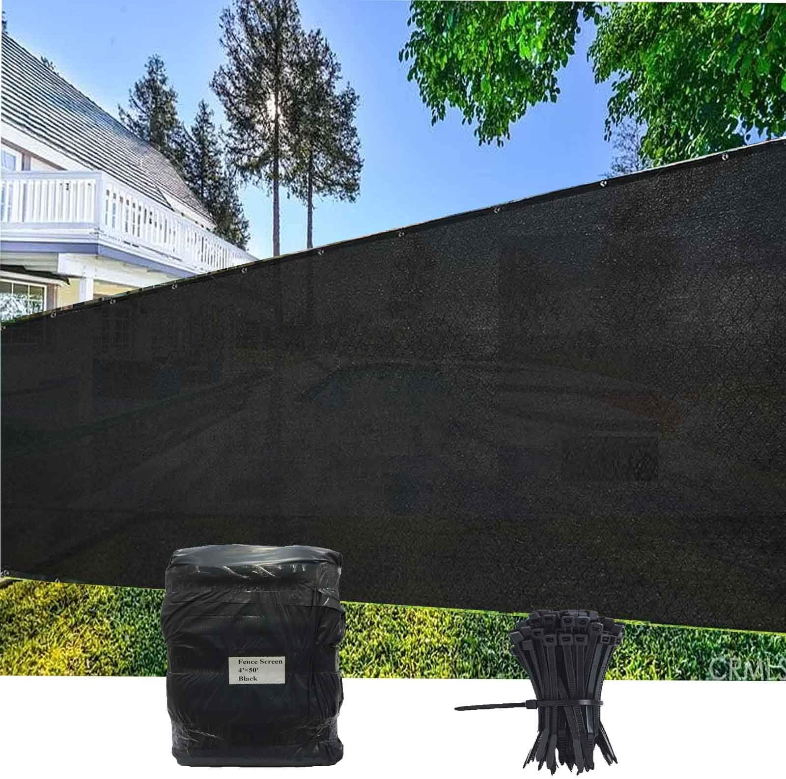 4' x 50' Black Fence Privacy Screen Windscreen Cover Outdoor Patio Fabric Shade Tarp Netting Mesh Cloth 150 GSM One Year Warranty Free Zip Ties 4 x 50 Black