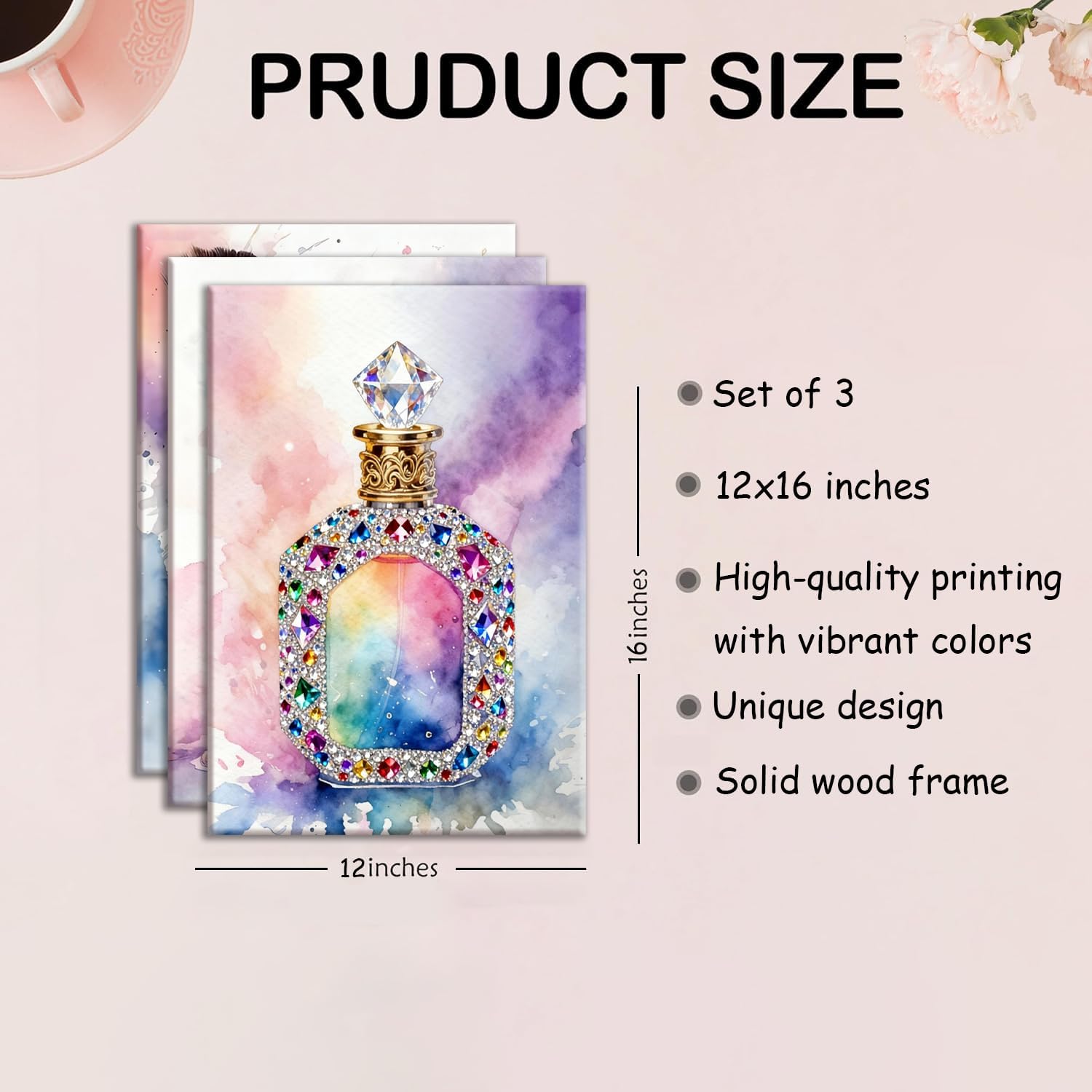 Teen Girls Bedroom Canvas Wall Art Set of 3 with Rhinestone Details, Sparkly Makeup Brush Milk Tea Perfume Paintings, Colorful Watercolor Aesthetic Wall Decor for Teen Girl Room Bathroom Dorm12x16in