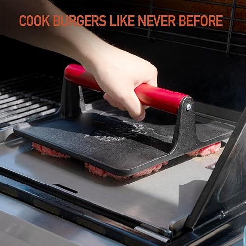Miniatura 4 de The Beef Master - Prensa para parrilla de hierro fundido, prensa de hamburguesas XL, prensa de plancha pre-sazonada, prensa de carne resistente para