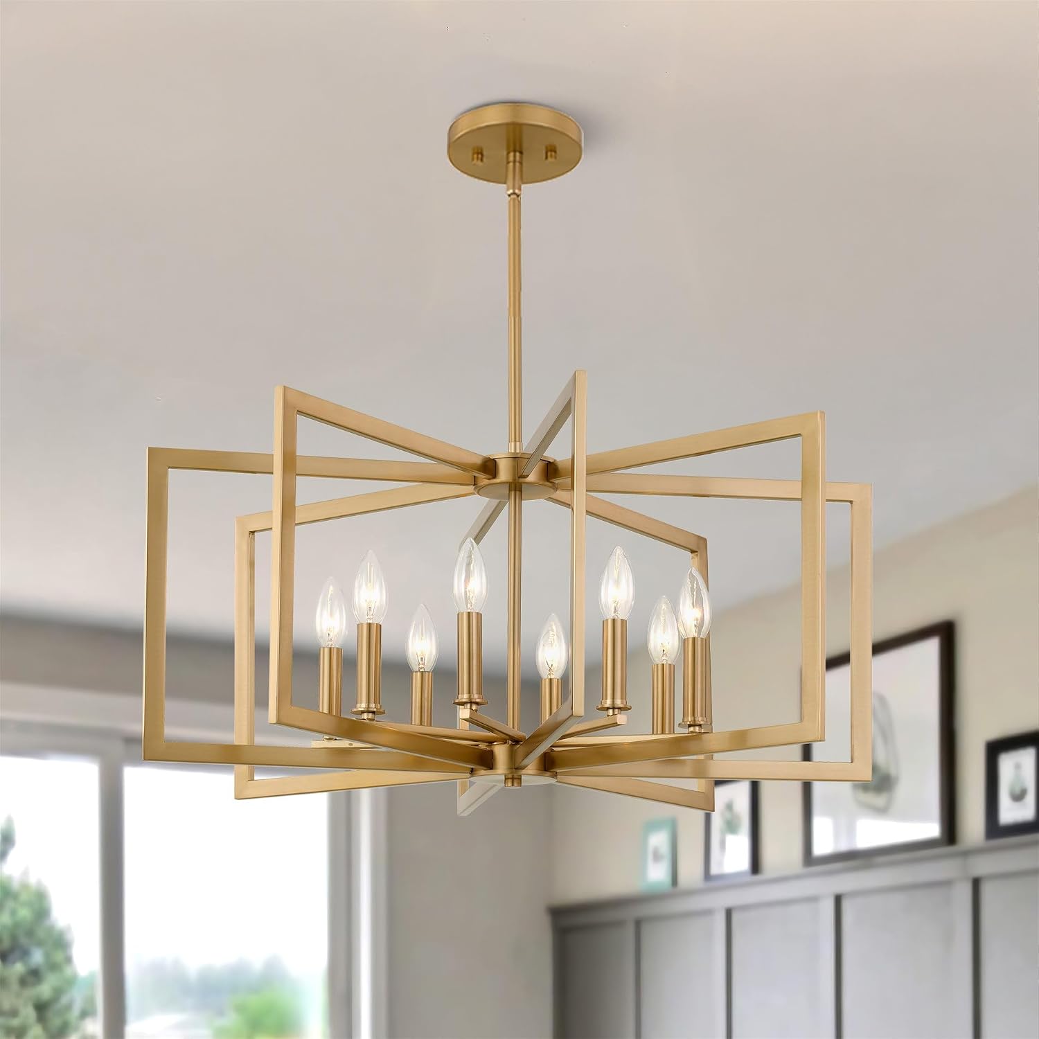 Kira Home Glam 27" 8-Light Modern Gold Chandelier, Mid-Century Geometric Gold Hanging Light with Open Frame, Cool Brass Finish