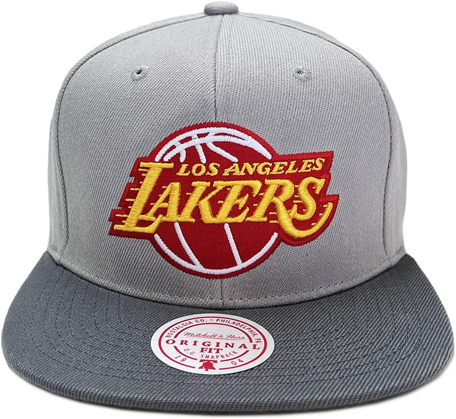 Mitchell & Ness Los Angeles Snapback Adjustable Hat Cap - Gray with Red and Gold Logo (Los Angeles Lakers, One Size)