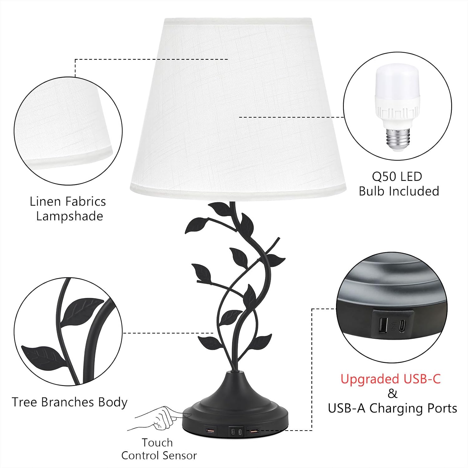 Kakanuo Table Lamp for Bedside, Lamp for Living Room with USB-A and USB-C Charging Ports, Traditional Tall Bedroom Lamp for End Table