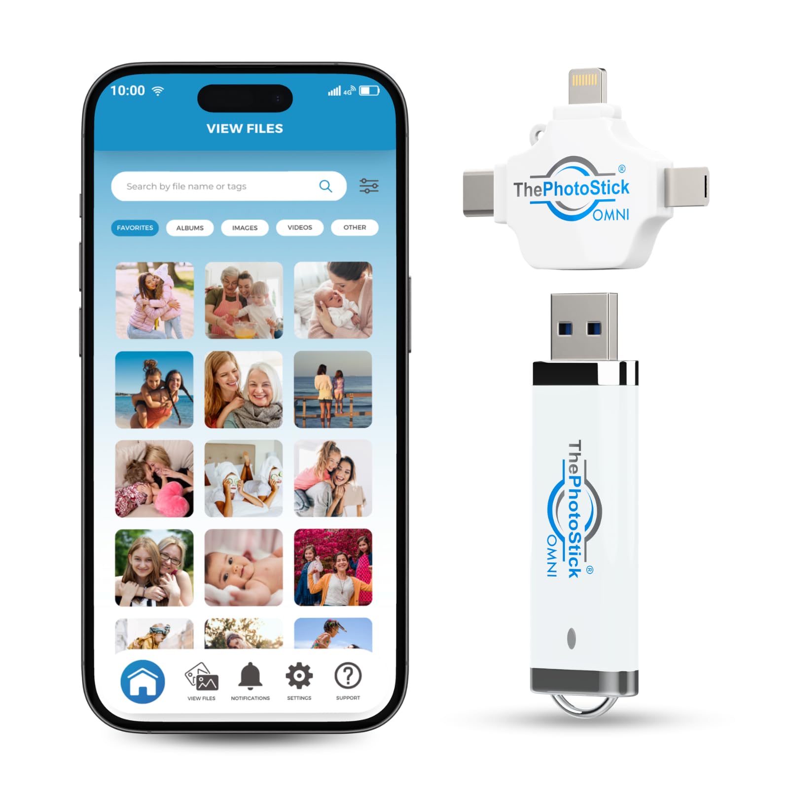 ThePhotoStick Omni - Memoria USB de 64 GB y memoria USB para iPhone, Android, Mac y PC, conexión multipuerto para un fácil almacenamiento y transferencia de archivos