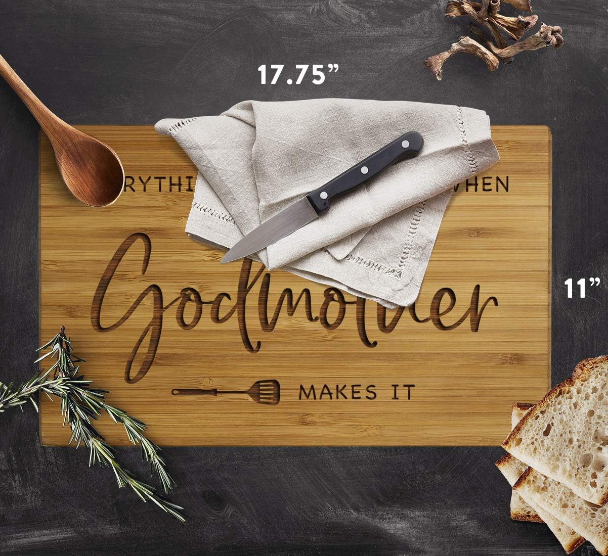 Andaz Press Large Bamboo Wood BBQ Cutting Board Gift, 17.75 x 11-inch, Everything Tastes Better When Godmother Makes It, 1-Pack, Engraved Serving Chopping Board Christmas Cutting Boards For Kitchen