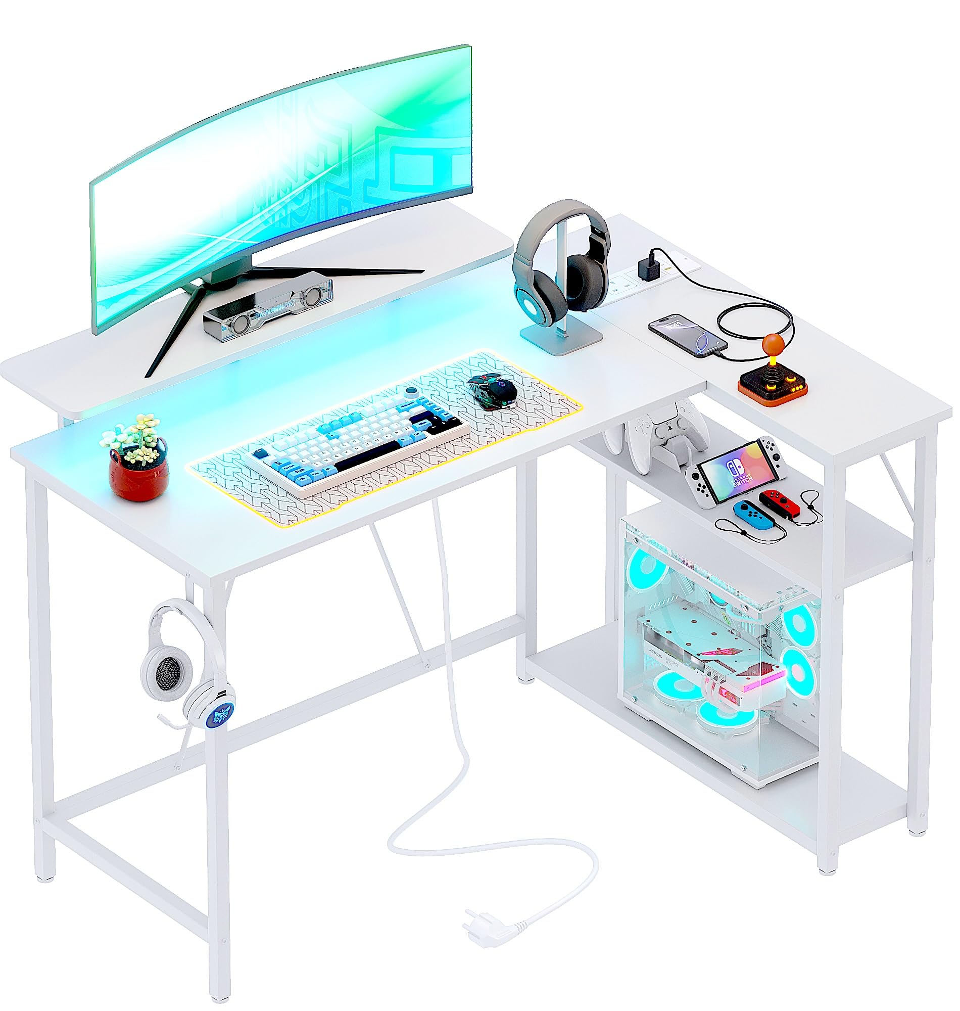 Xyphren L Shaped Gaming Desk with RGB LED Lights & Power Outlets,Corner Computer Desk with Adjustable Shelves, Small Office Desk for Study Workstation, 100x80 cm, White