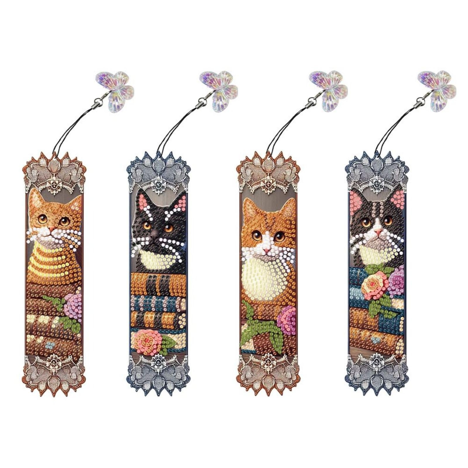 Lebartm 4Pcs DIY Diamond Art Painting Bookmarks with Colorful Butterfly Pendant PET Bookmark Ornament Double Sided Pattern Single Sided Diamond Book Marker Clip Gifts Tags-Cat02