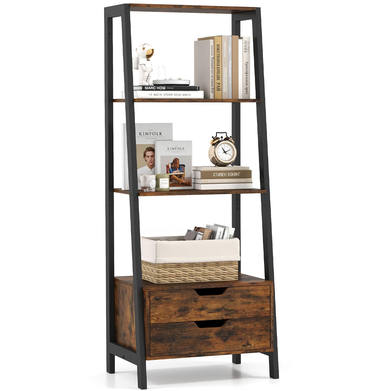 Tangkula 4-Tier Ladder Shelf with 2 Drawers, 52.5" Tall Freestanding Bookcase with Sturdy Metal Frame, Shelving Unit Display Rack with Storage for