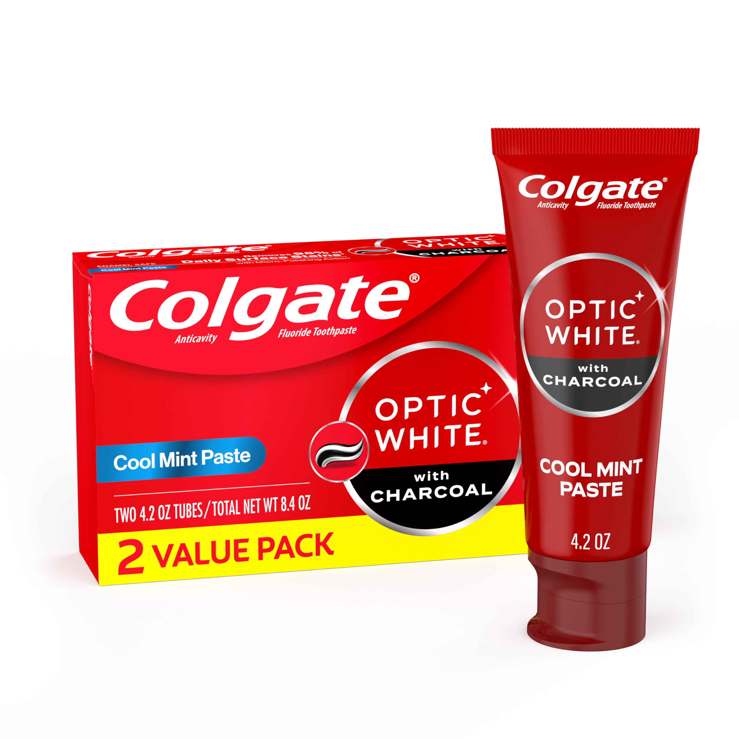 Optic White Whitening Toothpaste with Charcoal, Whitening with Charcoal Toothpaste Pack, Removes Daily Surface Stains, Enamel-Safe for Daily Use, Vegan, Cool Mint Paste, 2 Pack, 4.2 oz