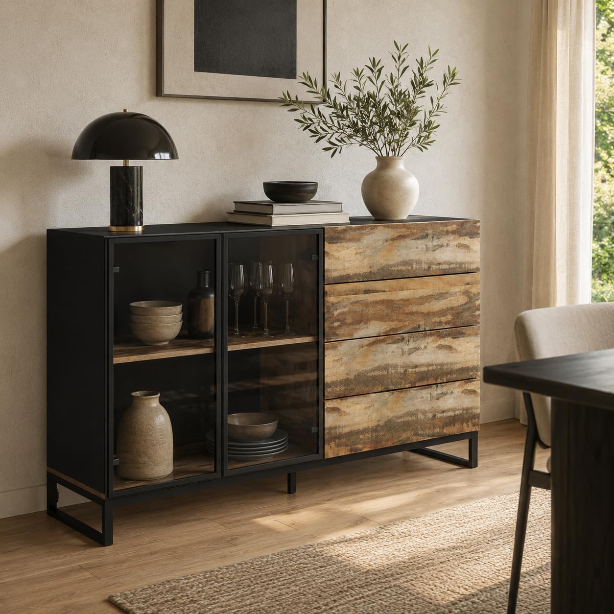 Sideboard Holzoptik-Schwarz 160cm mit LED & Glastür – Kommode mit 4 Schubladen, Push-to-Open & USB-Lichtleiste – Vitrinenschrank mit Metallrahmen für Wohnzimmer, 160×95×41cm