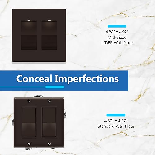 Miniatura 463 de LIDER - Cubierta decorativa de interruptor doble con acabado mate, placa de pared sin tornillos, tamaño mediano, 2 bandas, 4.88 x 4.92 pulgadas