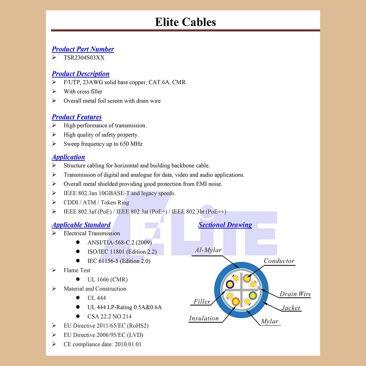 Elite 250ft. Cat6A Shielded Riser (CMR), FTP, 23AWG, Solid Bare Copper. 650MHz, 10Gb Speeds, UL Listed, UL-LP Certification, Higher Performance PoE, (White)