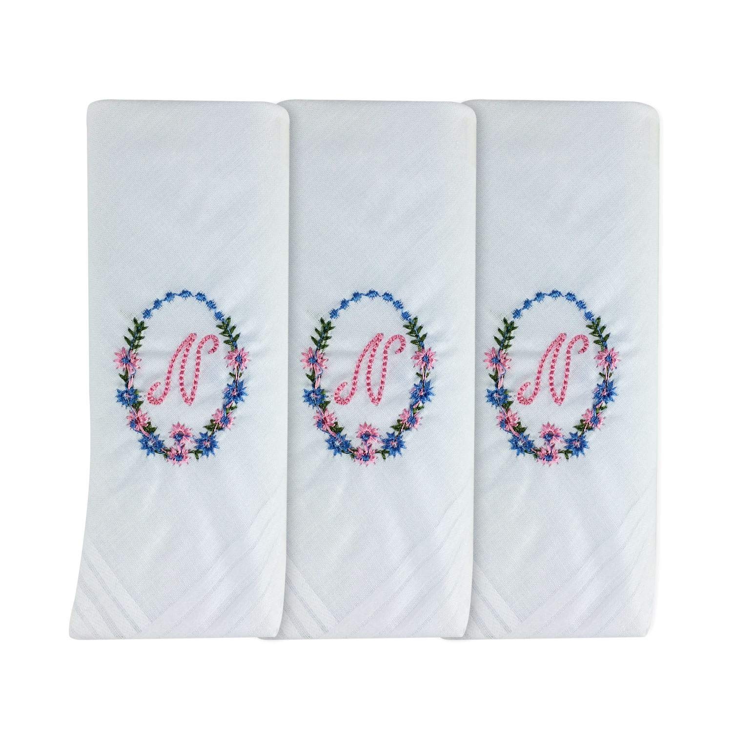 Surf the Shop 3 Pack Of Womens/Ladies Embroidered Initial Handkerchiefs With White Satin Border Various Initials (N)