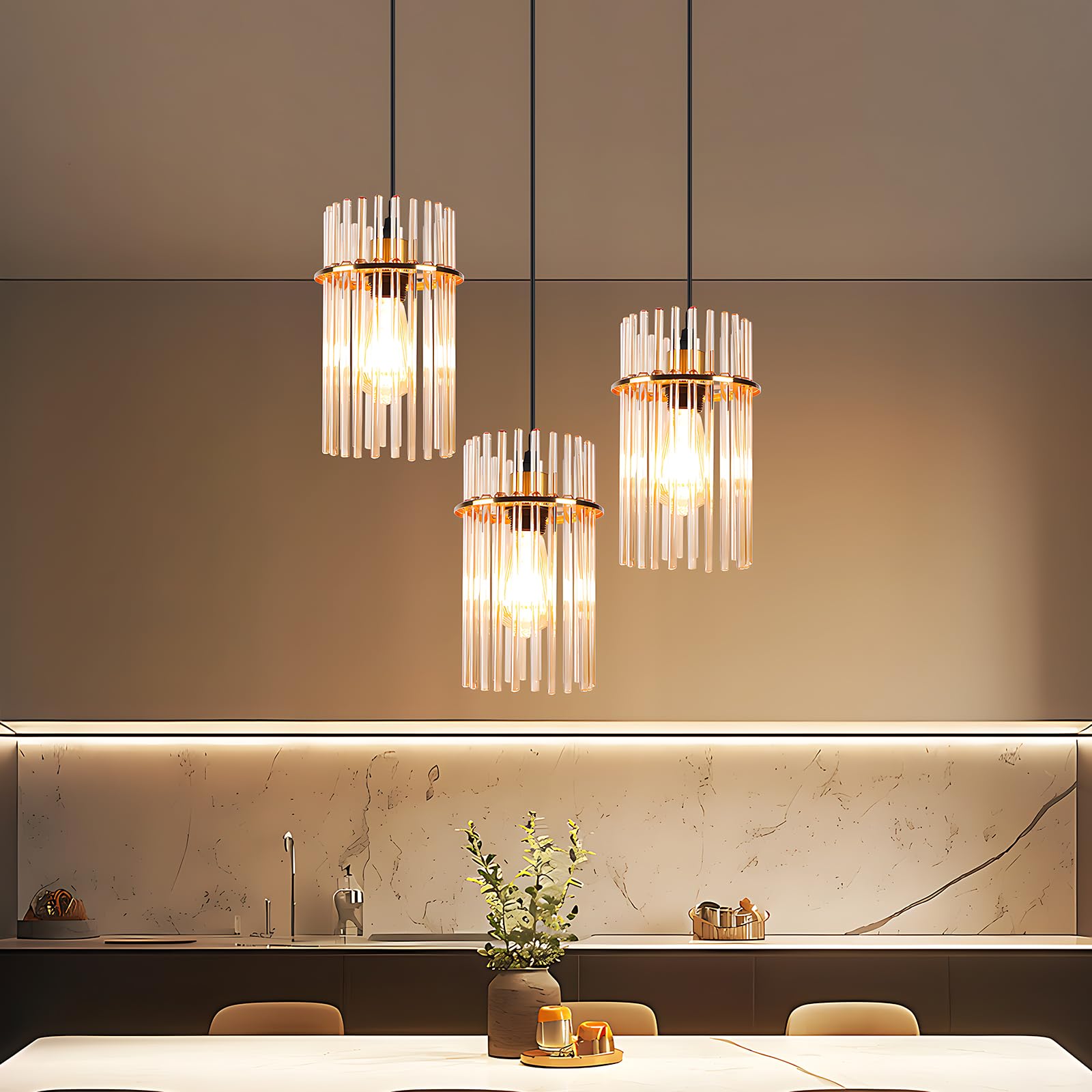 Pendelleuchte 3 Flammig Hängelampe Esstisch - Hängeleuchte Glas Rund E27 Pendellampe Gold für Esszimmer Küche Wohnzimmer Cafe Bar (ohne Leuchtmittel)
