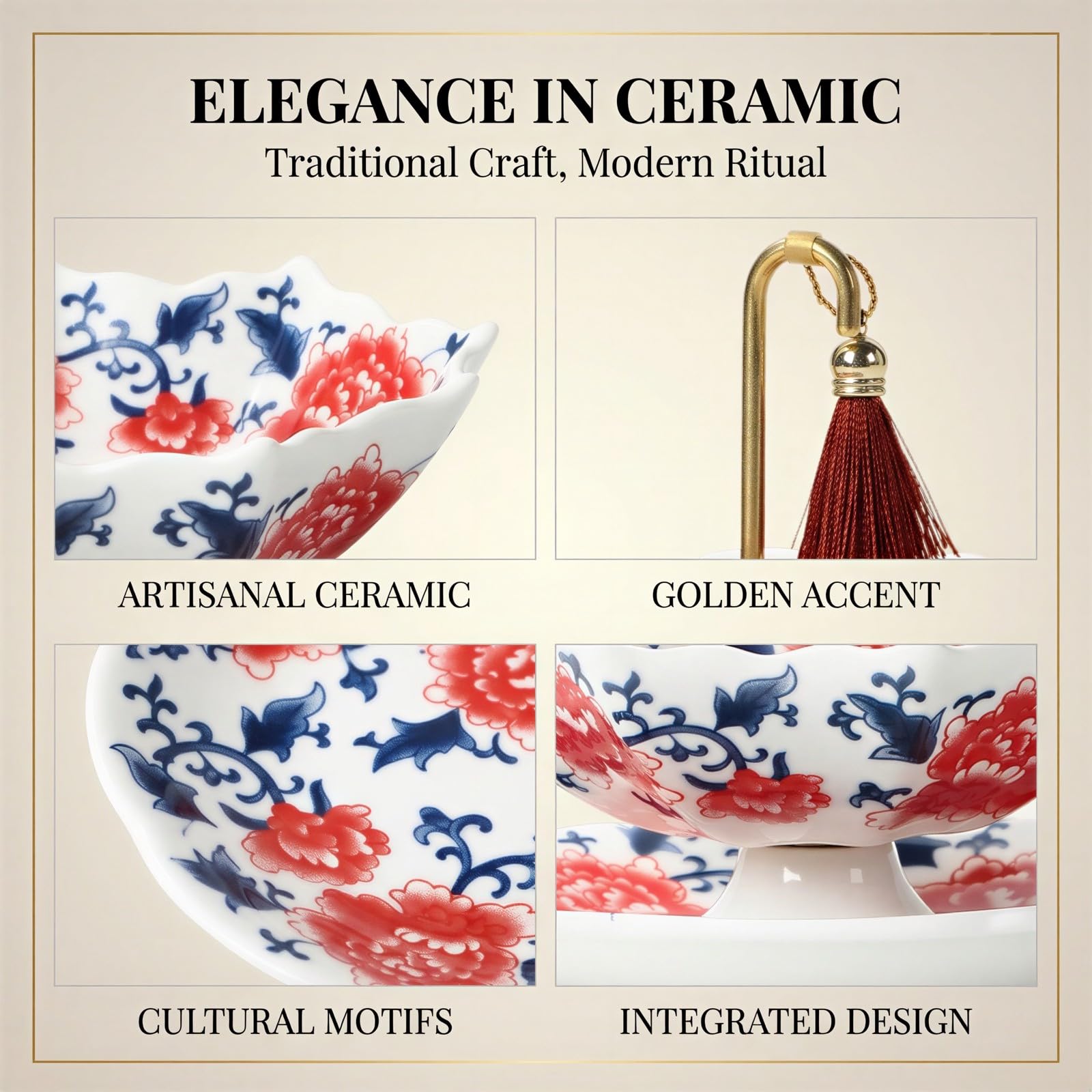 Filtre à thé en céramique, porcelaine bleue et blanche pour thé kung fu, en forme d'ombrelle avec base et poignée dorée, infuseur élégant pour la maison, le bureau et les cadeaux d'entreprise
