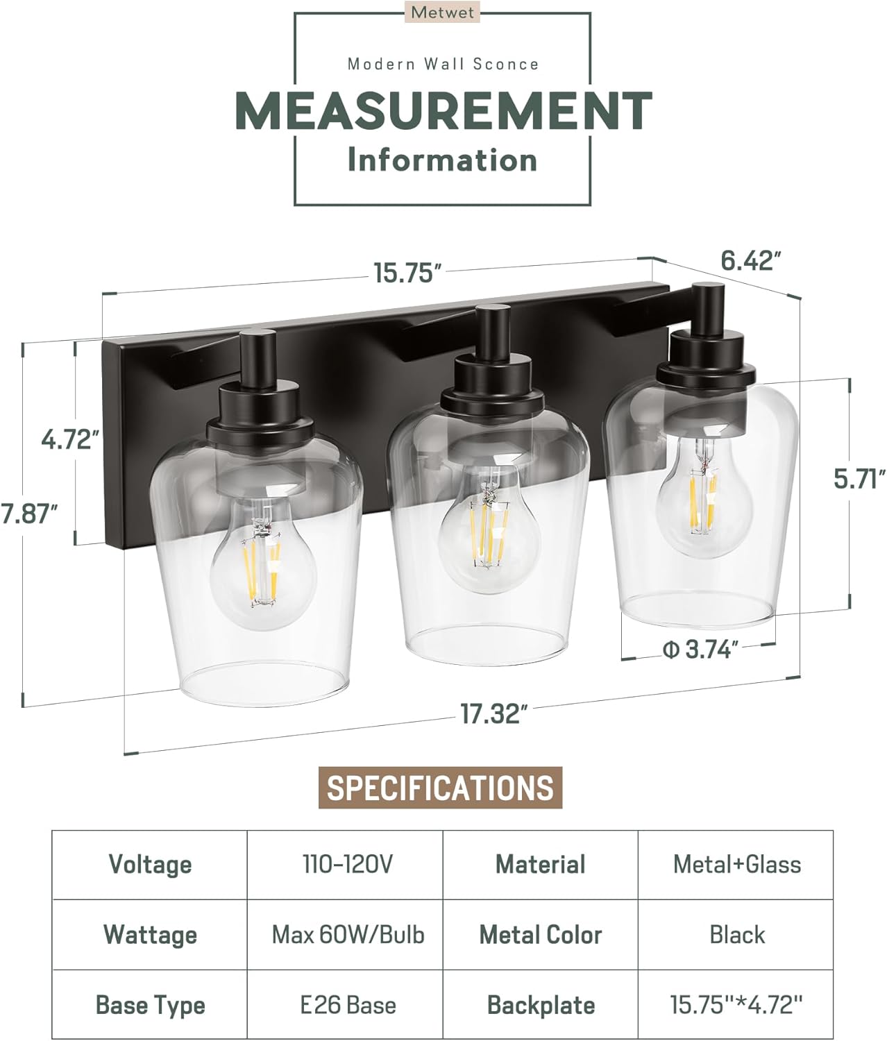 Bathroom Light Fixtures, 3-Light Modern Vanity Light with Clear Glass Wine Glass-Shaped Shade, Vanity Lighting Fixtures Over Mirror, Matte Black, VL155-MB-3