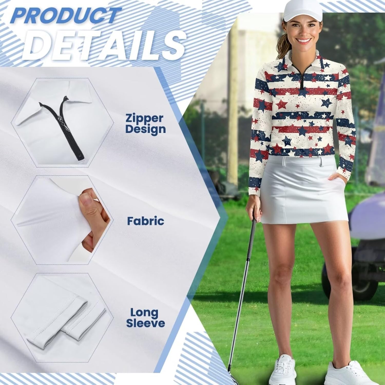 Boatee Patriotic Star Golf Shirts for Women Athletic Long Sleeve Shirts Lightweight with Collar Shirt Machine Washable for Golf,Tennis,Hiking,Running,Gym