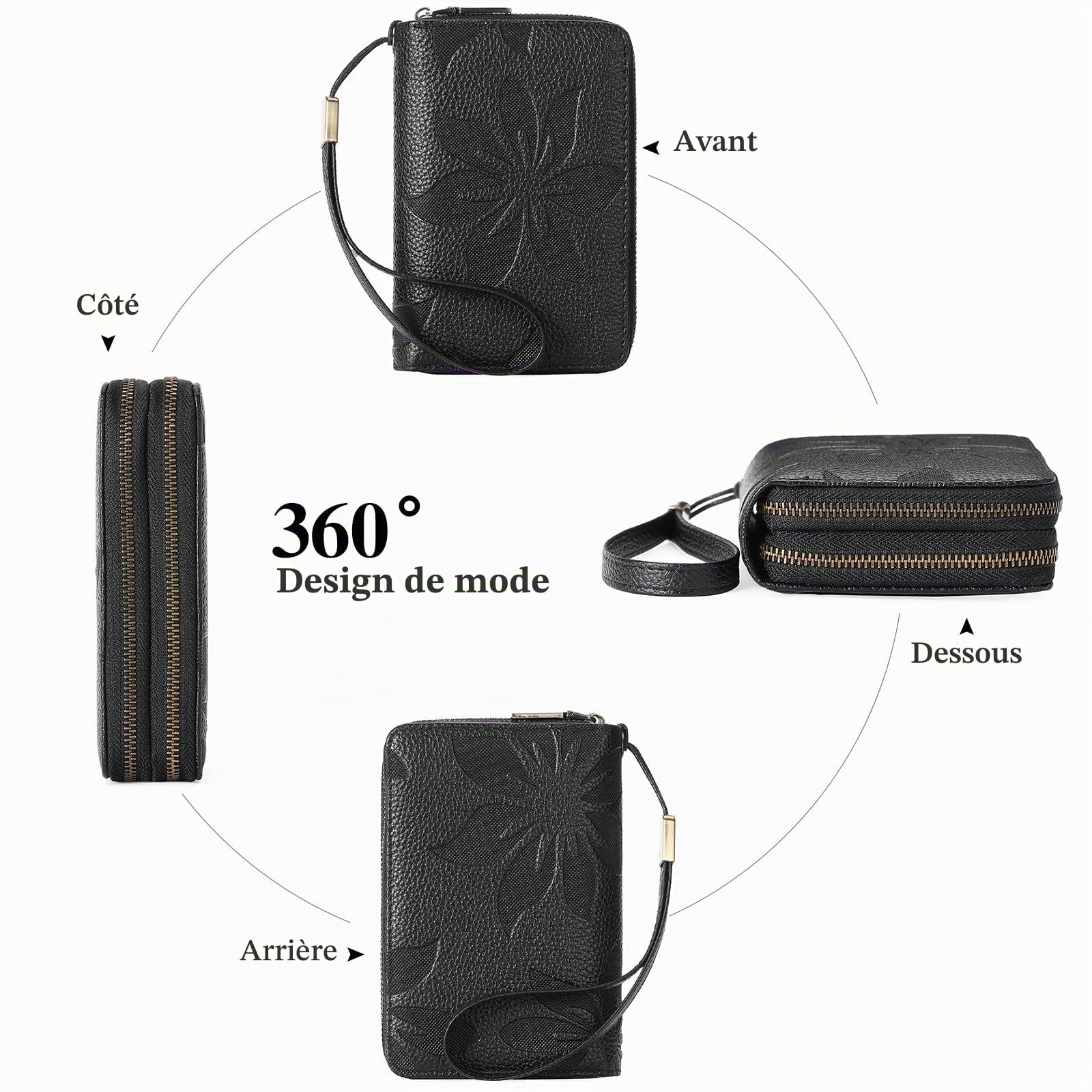GOIACII – Portefeuille en cuir pour femmes avec blocage RFID, taille moyenne, double fermeture éclair, porte-cartes de crédit avec 10 fentes pour cartes et bracelet, A01-noir., M, Classique