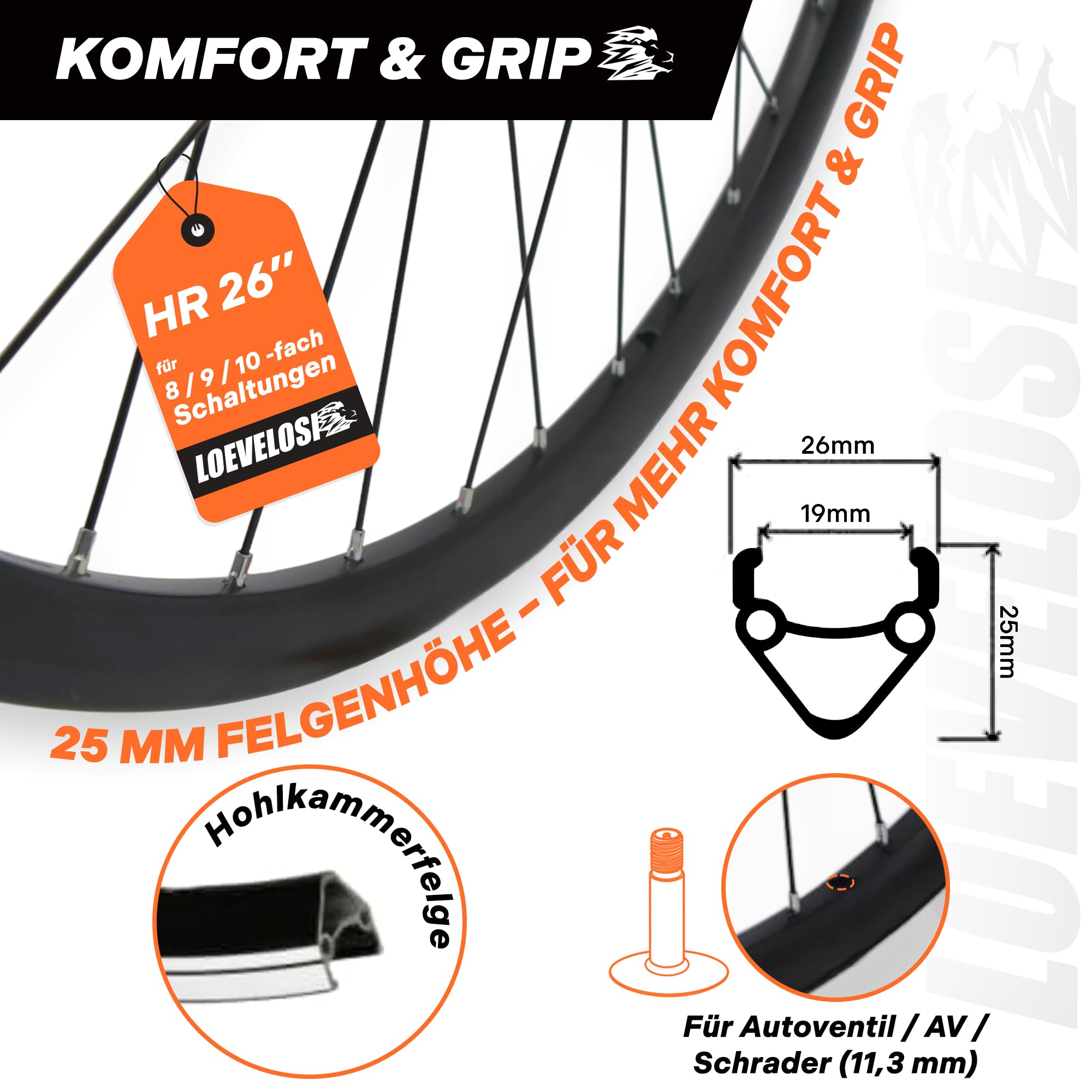 MTB Hinterrad 26 Zoll Fahrrad Laufrad - Scheibenbremse 6-Loch - QR 9/10×135 - Shimano HG 8-11-fach - 26" Alu Felge & Nabe - 36 Speichen - Schwarz – LOEVELOSI