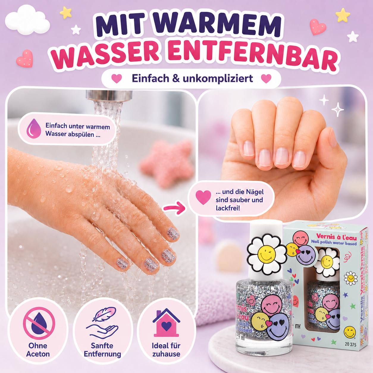 Smiley Esmalte de Uñas al Agua Peel Off Pack 2 – Esmalte No Tóxico Base Agua, Sin Olor, Secado Rápido y Fácil de Quitar – Maquillaje Infantil y Adultos – 2 x 9 ml