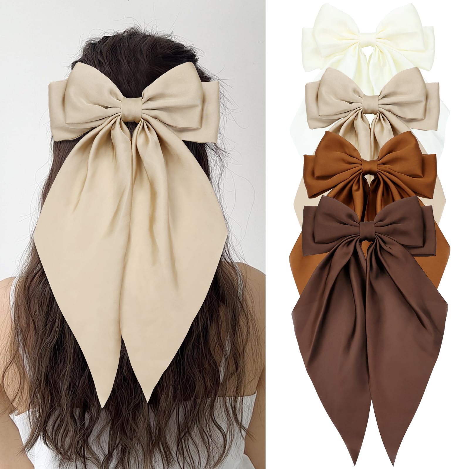 Cinaci 4 Pieces Large Big Oversized Satin Hair Bows with Long Tail Bow French Barrettes Hair Clips Accessories for Women Girls Teens