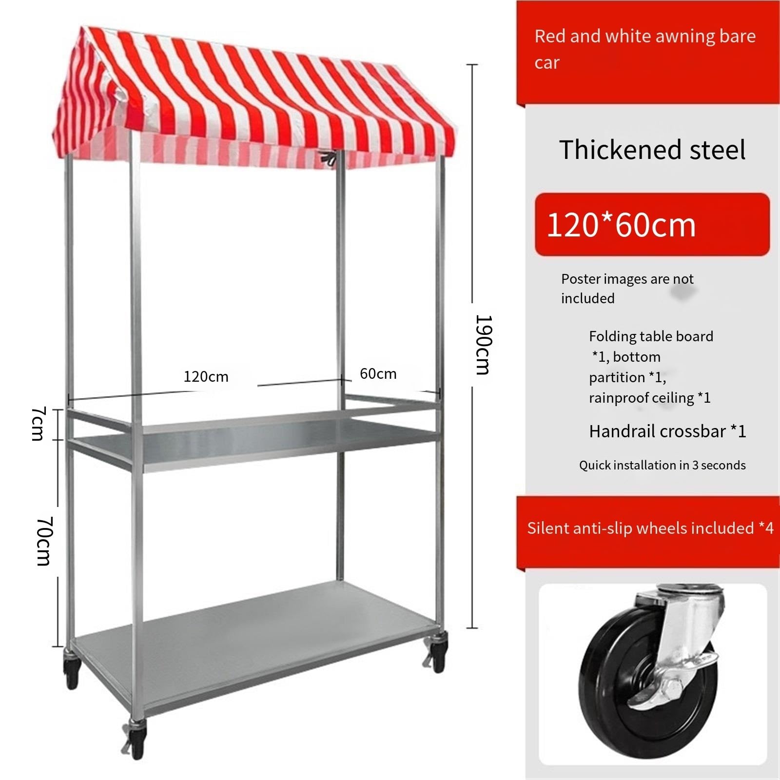 Carrello con tettoia, espositore portatile per alimenti, telaio in ferro a 2 livelli con ruote bloccabili, per mercato, street food, eventi