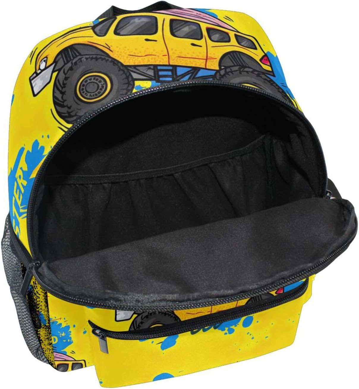 Cool Yellow Monster Trucks Backpack for Toddler Boys Girls, Small Travel Book Bag with Name Tag Kids School Backpacks, 6-8 Years