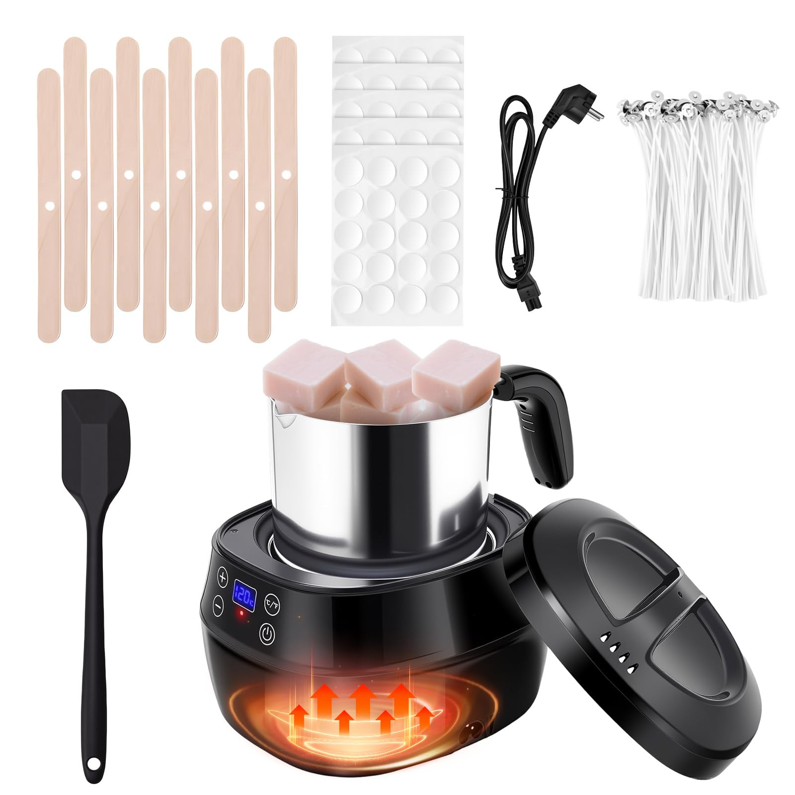 Turmegtt Fondeur de Cire Bougie 1L, pour Kit de Fabrication de Bougies | Chauffe Cire Bougie avec Affichage LED Et Température Réglable, avec Bec Verseur, Mèches, Autocollants Et Cuillère à Mélanger