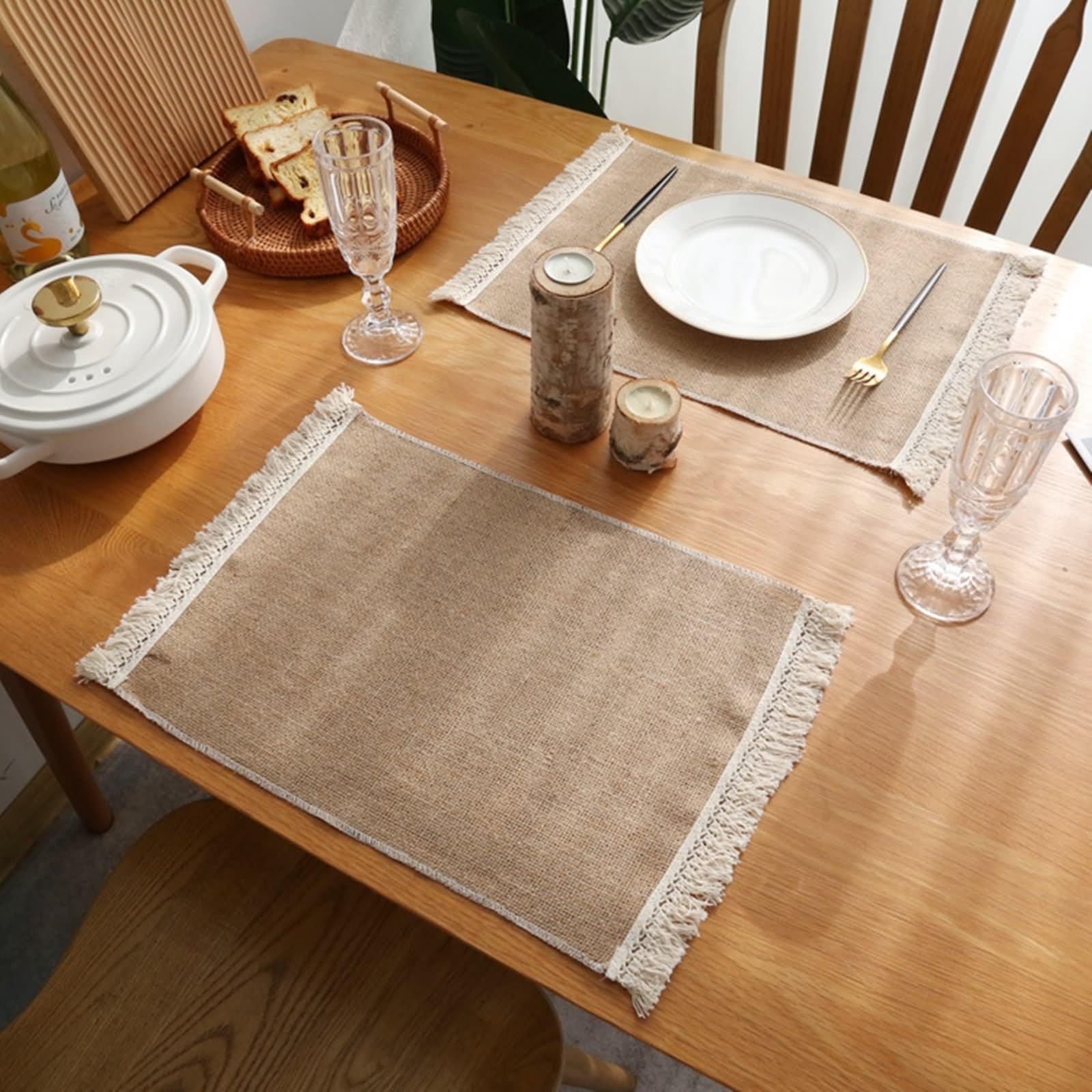 10er Set Platzset Weihnachten Edel, Tisch Untersetzer Braun 30x45cm Einfarbig mit Quaste Baumwoll Leinen