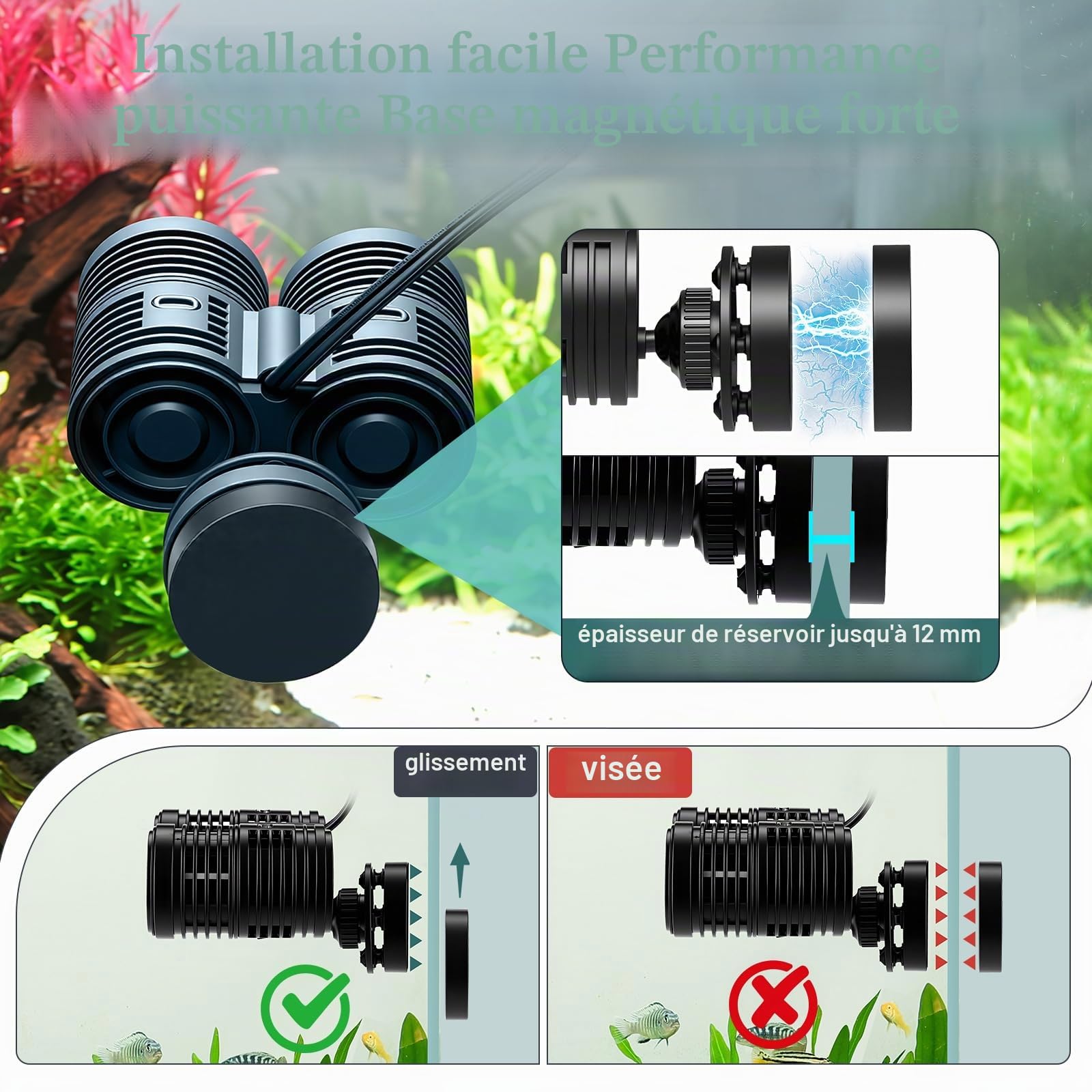hygger 8000LPH Pompe de Circulation pour Aquarium, 14W Pompe de Brassage Aquarium avec Base Magnétique Puissante, 360° Tête Motrice Wave Maker for 227-568L Freshwater Aquariums