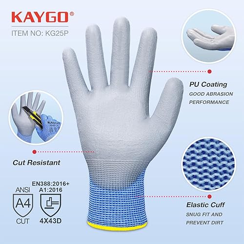 Miniatura 8 de KAYGO Guantes resistentes a cortes con revestimiento de poliuretano, 3 pares, KG20PC, ANSI corte nivel A3