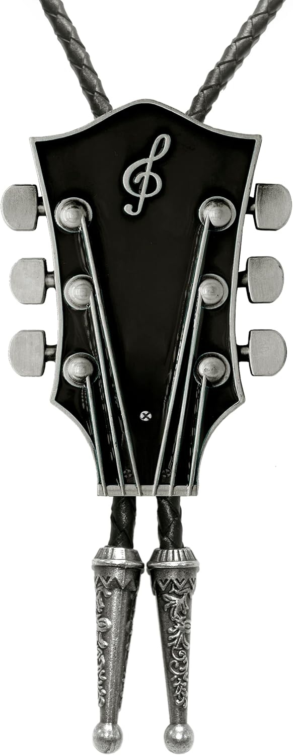 Moranse Bolo Tie With Guitar Music Lover Design Cowboy and Genuine Cowhide Rope image 4