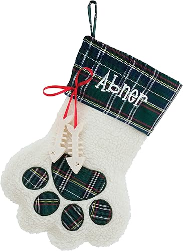 Vista 15 de Personalized Planet Calcetín de Navidad con nombre de mascota bordado personalizado, sherpa sintético blanco con puño a cuadros rojos y detalles