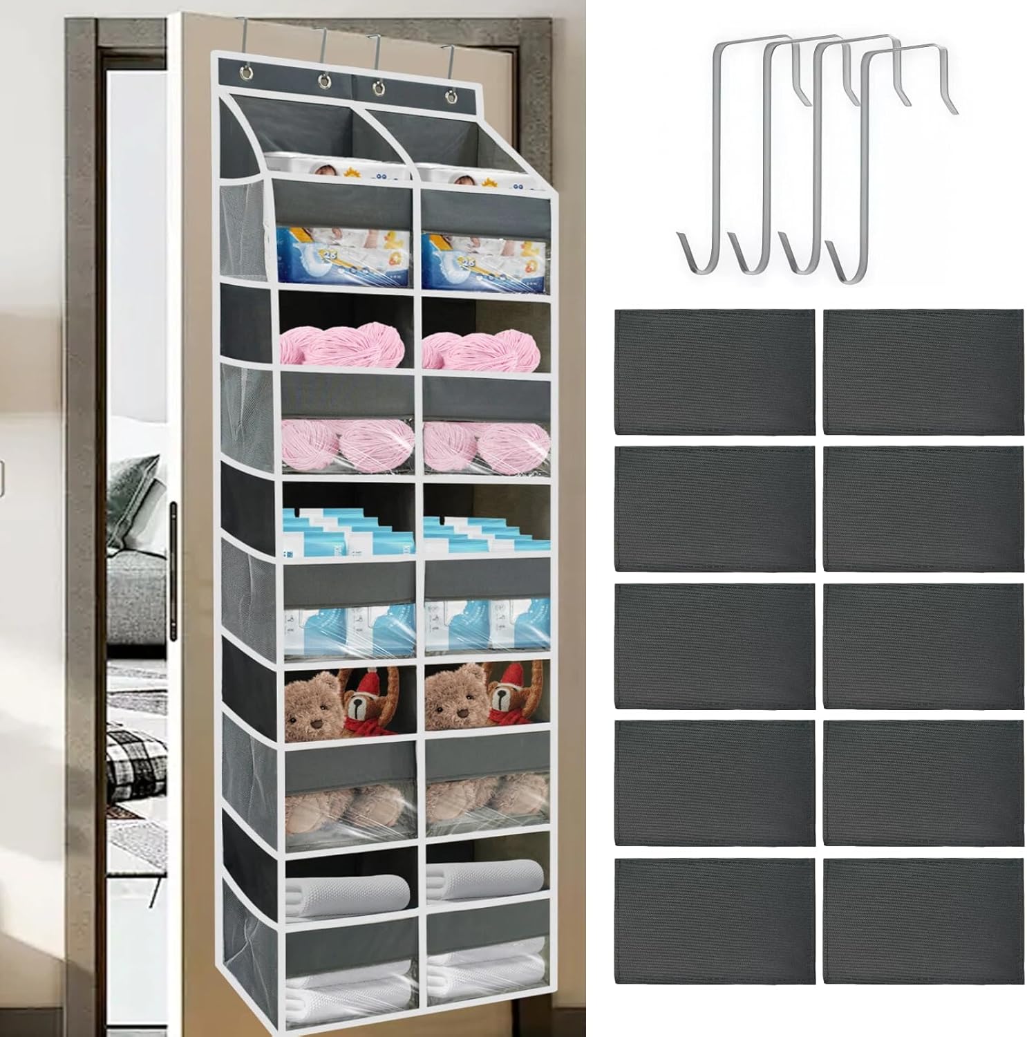 5 Tier Over the Door Organizer with 10 Clear Pockets & 10 Mesh Pockets - Extra Large Behind Door Storage for Closet, Nursery, Bedroom, Pantry | Diaper & Toy Organizer (Black)