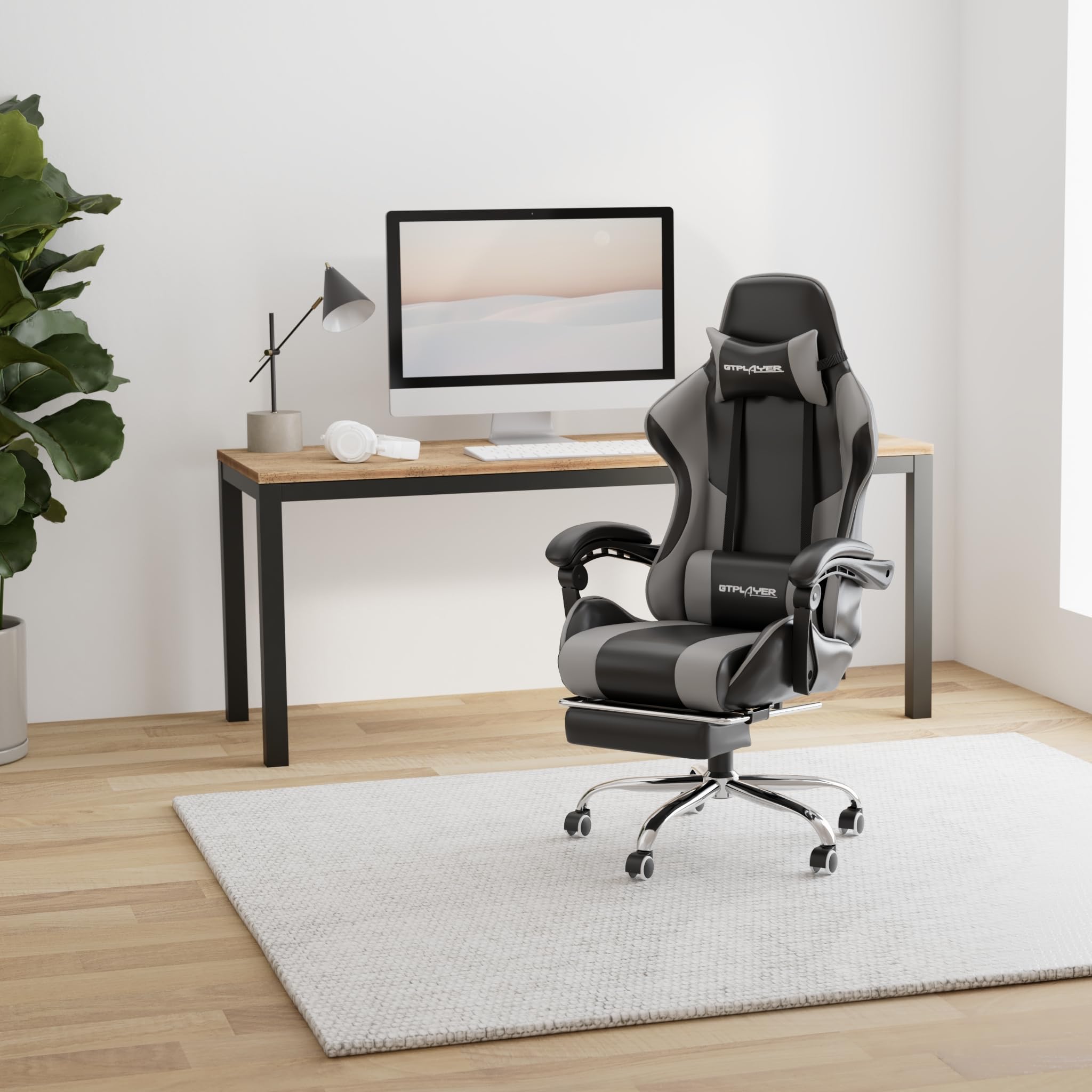 GTPLAYER Sedia da ufficio, da gaming, da gaming, ergonomica, con poggiapiedi, poggiatesta, cuscino lombare, imbottito, sedia girevole grigia