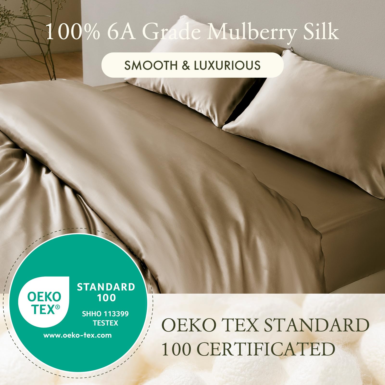 LilySilk Drap Housse En Soie Anti-acariens Drap-Housses Pour Matelas Standards Linge De Lit Protège Matelas Uni 19 Momme 200x200x30cm Ivoire