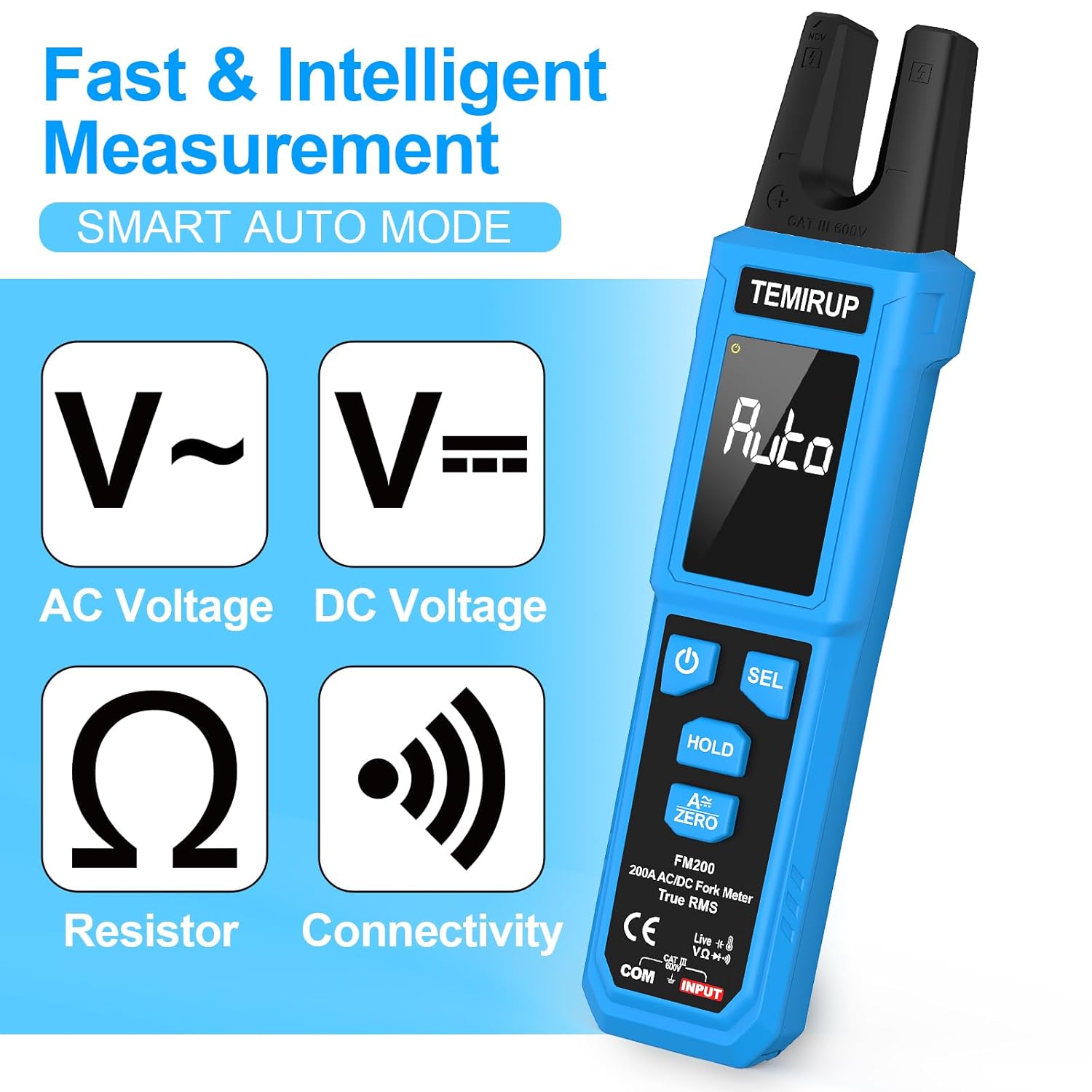 Digital Clamp Meter Multimeter with U-Shaped Jaw for AC/DC Current & Voltage, Auto-ranging 4000 Counts Voltage Tester with Large LCD Backlight, Measuring Temperature Continuity Diode NCV