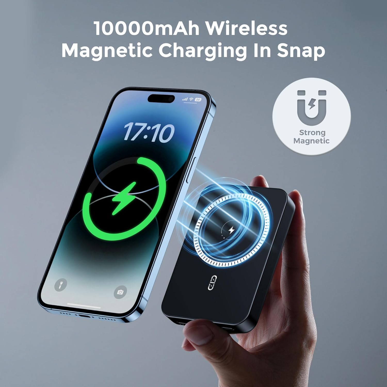 NOHON power bank magnetically attached to the back of a smartphone, with a 'Strong Magnetic' icon.