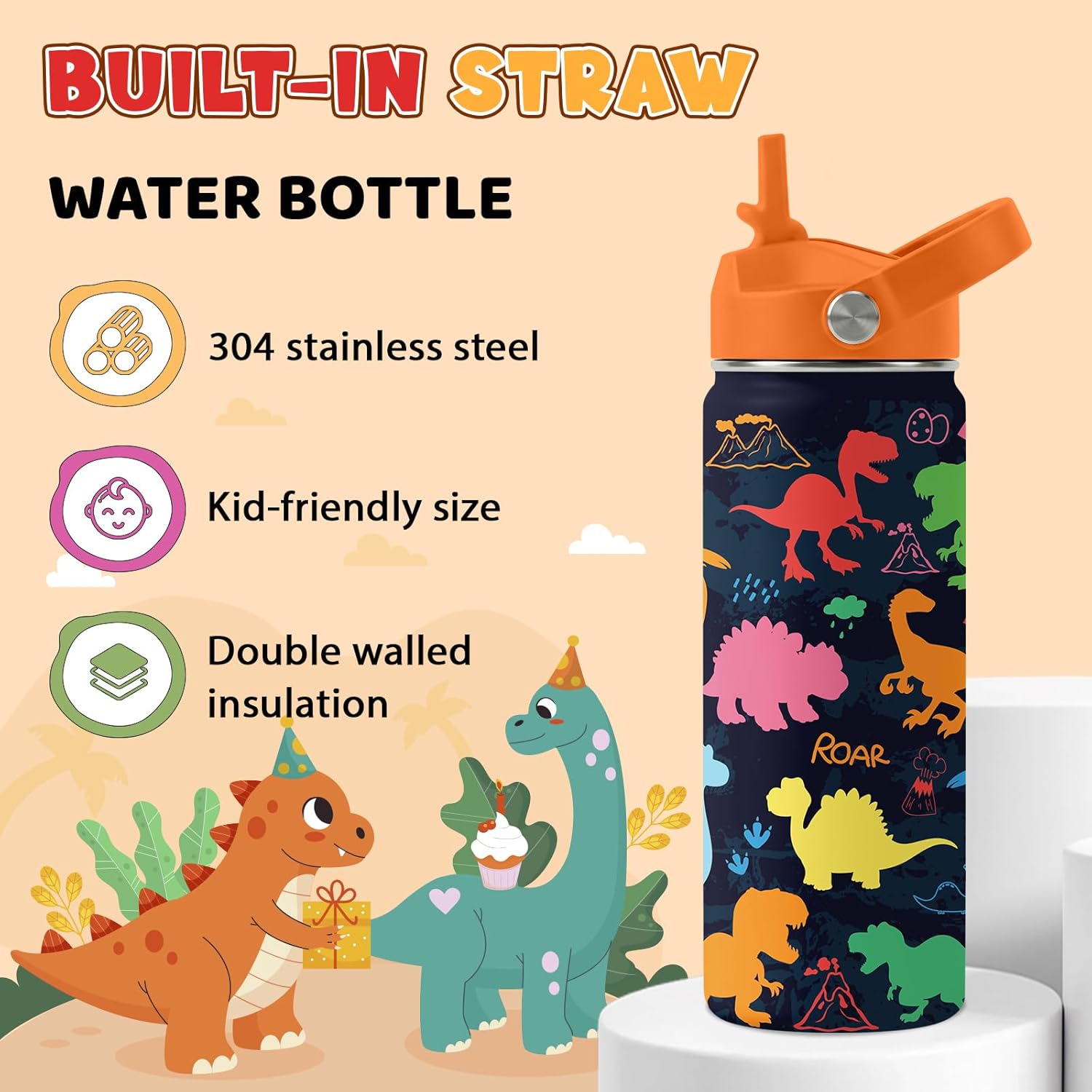 Dinosaur Gifts for Kids - 18oz Colorful Dino Water Bottle with Straw Lid, Stainless Steel Insulated Tumbler, Leakproof, BPA-Free, for Boys & Girls, School, Travel - Dino Lovers Birthday Gift Cup (1pc)