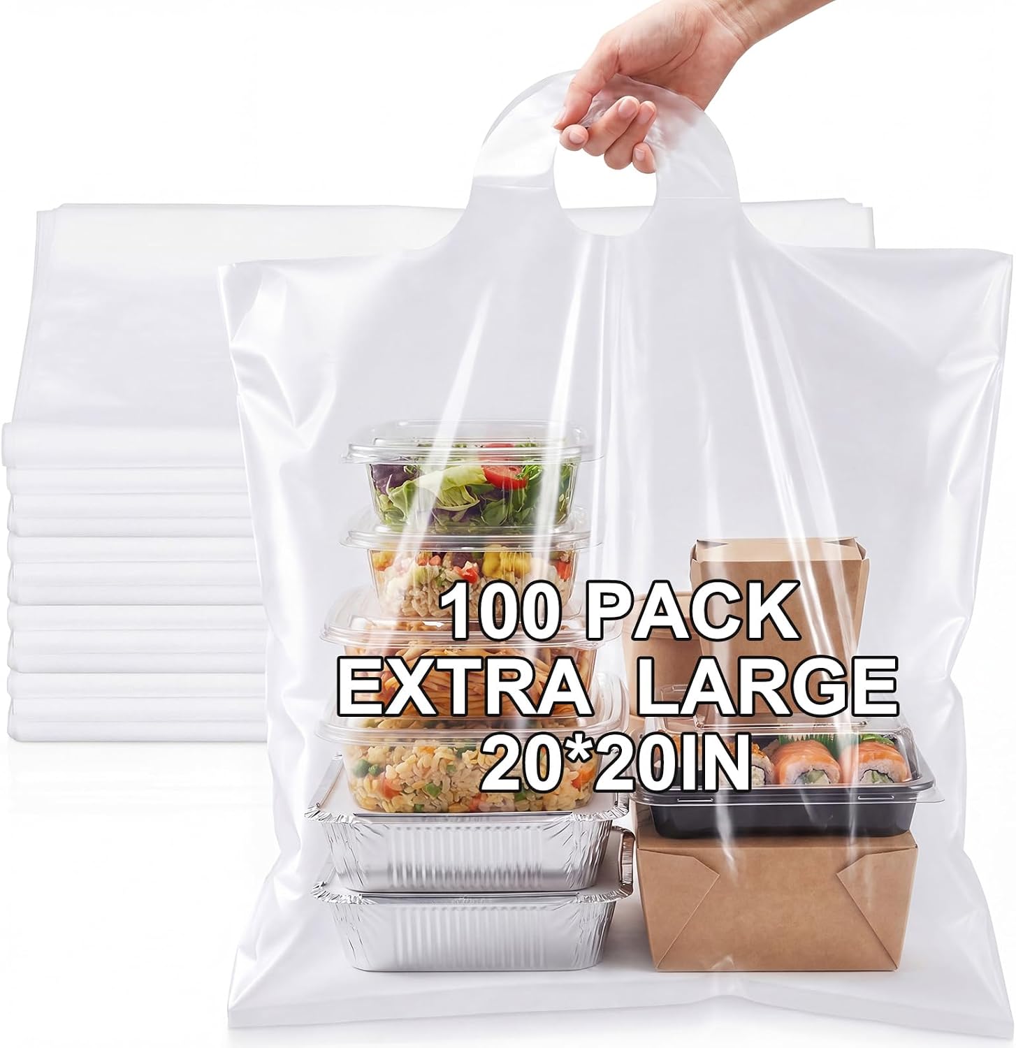 100 Pcs 20" x 20" Plastic Take out Bag with Wave Top Handle Reusable Unprinted Plastic Grocery Merchandise Bags for Shopping, Business, Carry Out, Restaurant, Grocery, Trash