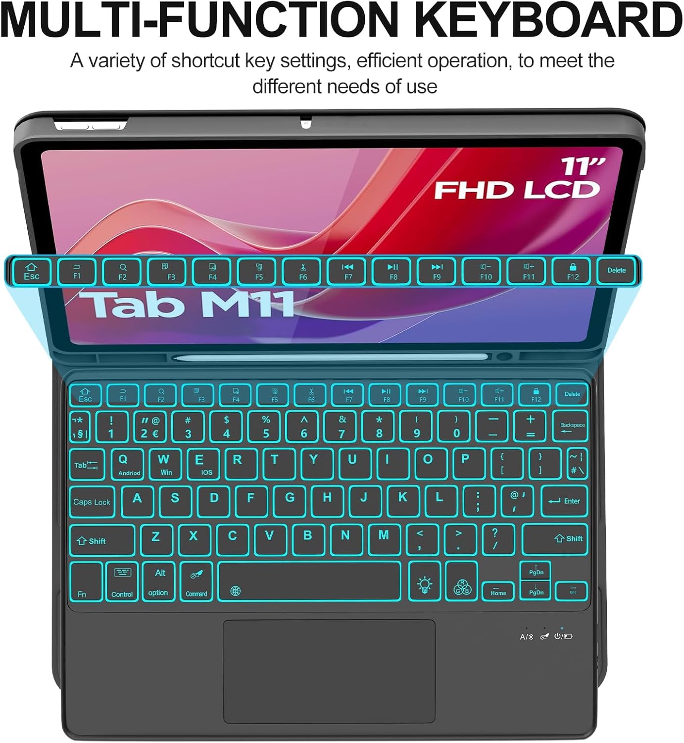 Touch Keyboard Case for Lenovo Tab M11 / K11 LTE 11 Inch 2024, 7-Color Backlit, Magnetic Detachable Wireless Keyboard, Folio PU Leather Case with Pencil Holder Auto Wake/Sleep, Multi-Angle Kickstand