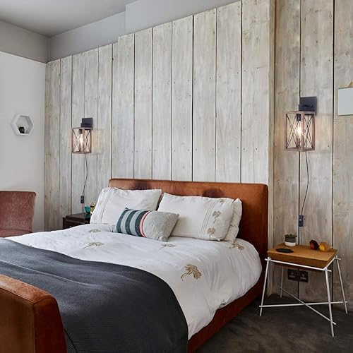 Miniatura 2 de VILUXY Apliques de pared de madera, retro, industrial, rectangular, rectangular, para mesita de noche, cable enchufable con interruptor, lámpara de