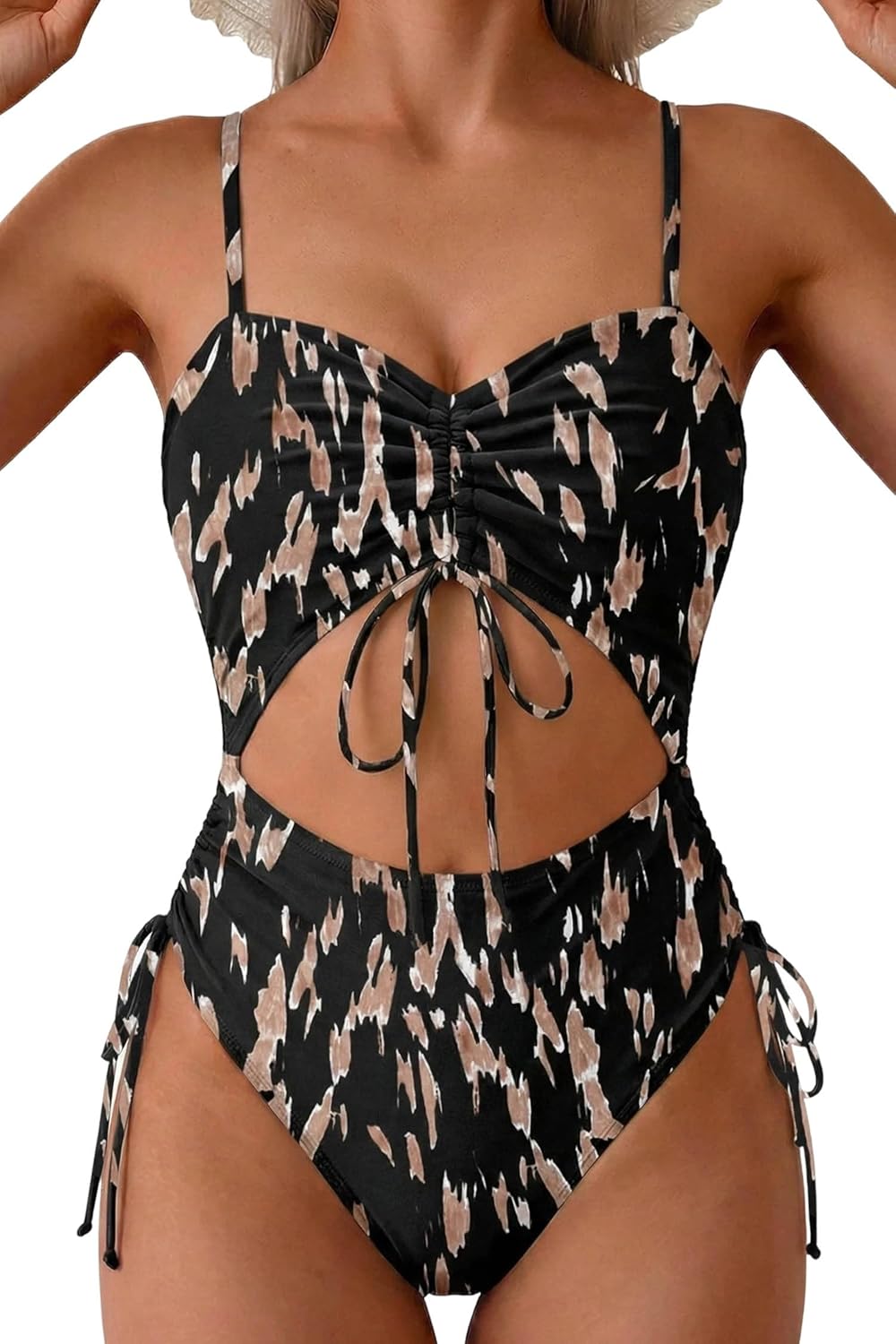 Viottiset Women's Cut Out Drawstring One Piece Swimsuit Cheeky High Cut Bathing Suit