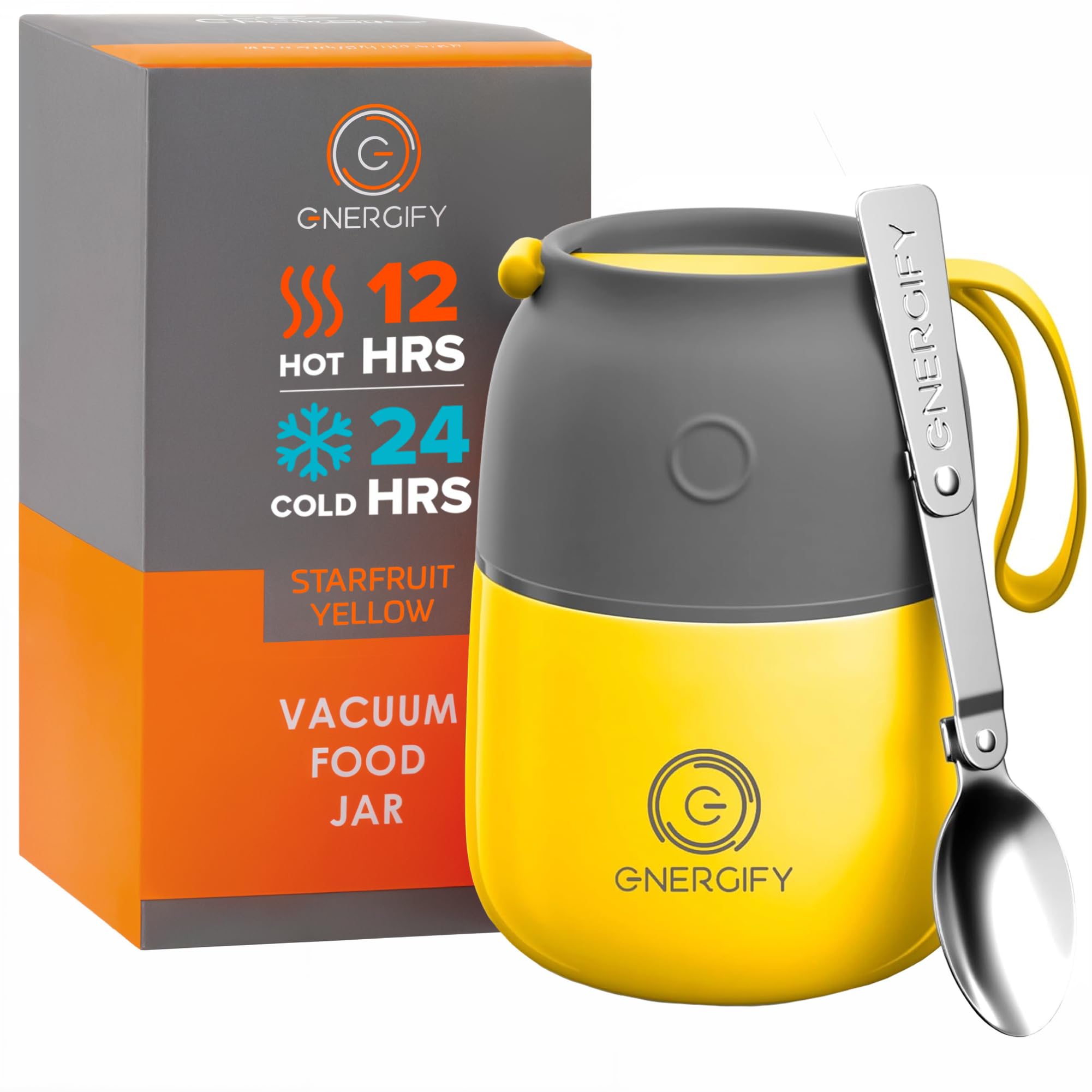 ENERGIFY Vacuum Insulated Food Jar. Large 12oz Bowl incl. Folding Spoon, Cup. Wide Mouth Keep Hot & Cold Drinks Soup Lunch Container for Adults. BPA-Free Stainless Steel, Leak Proof Yellow