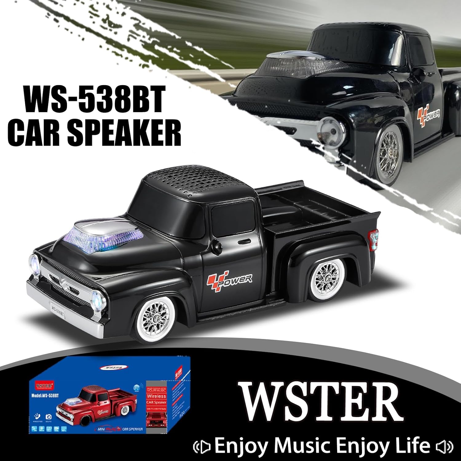 WSTER WS-538 Retro Pickup Truck Bluetooth Replica Speaker – Portable Wireless Car Model Speaker with FM, TWS, LED Party Lights, USB/TF Playback, Built-in Microphone, Type-C, Surprise Gift(Black)