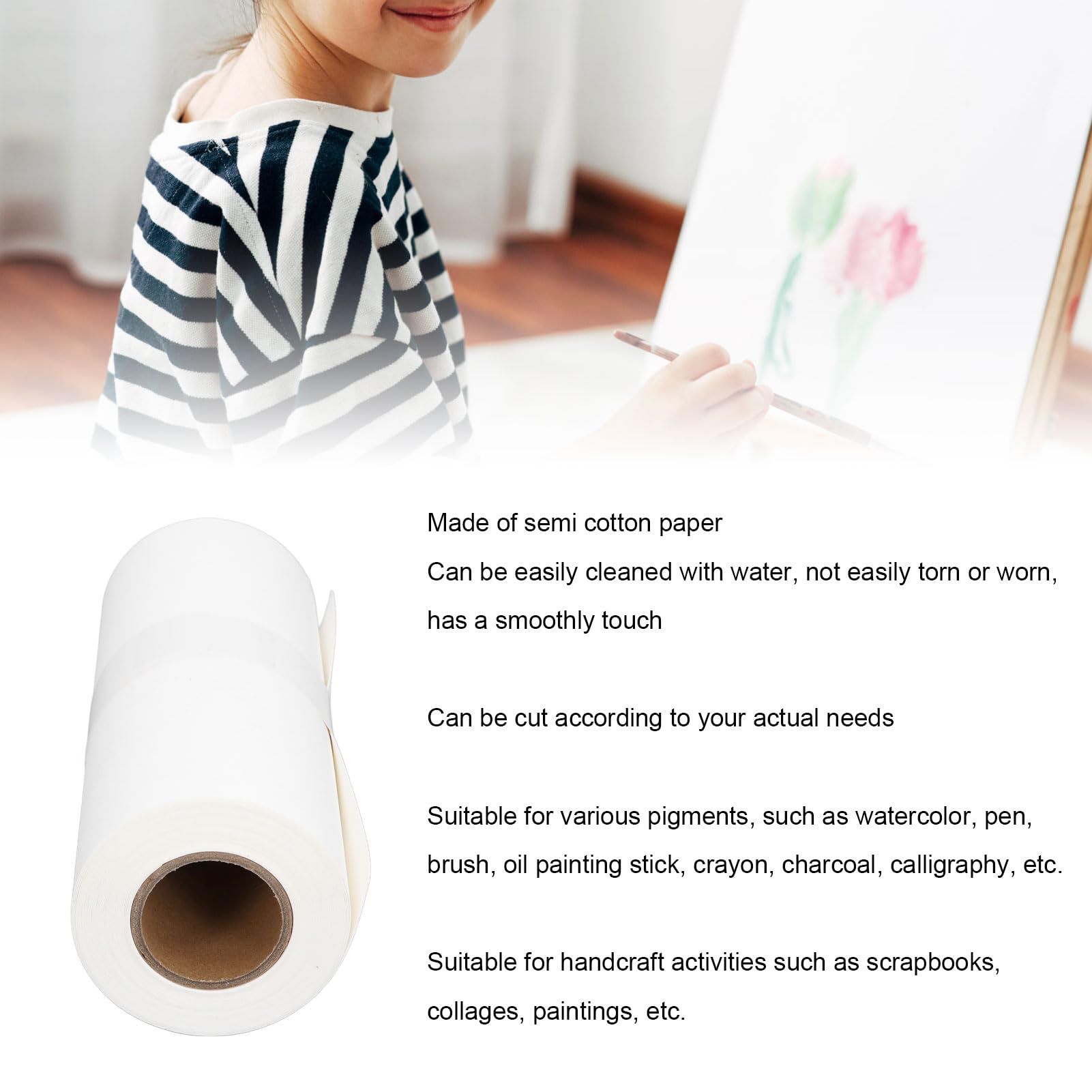 Rollo de Papel de Acuarela, Rollo de Papel de Algodón de 32.81 Pies y 10 M de Longitud, Papel Artístico con Arcos para Tinta Gouache Acrílica, Papel Artístico Lavable Semialgodón