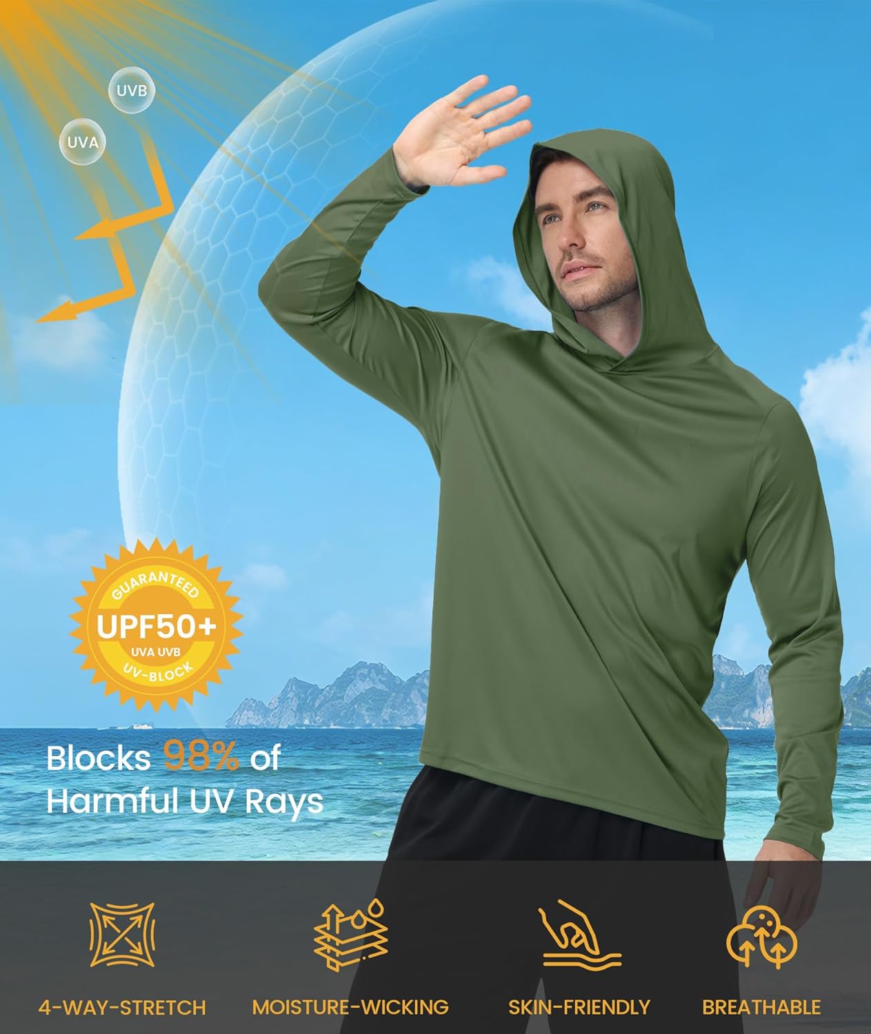 ZITY 3 Pack Men's Sun Protection Hoodie Shirt Fishing Shirts for Men UPF 50+ Long Sleeve Shirt Lightweight Rash Guard