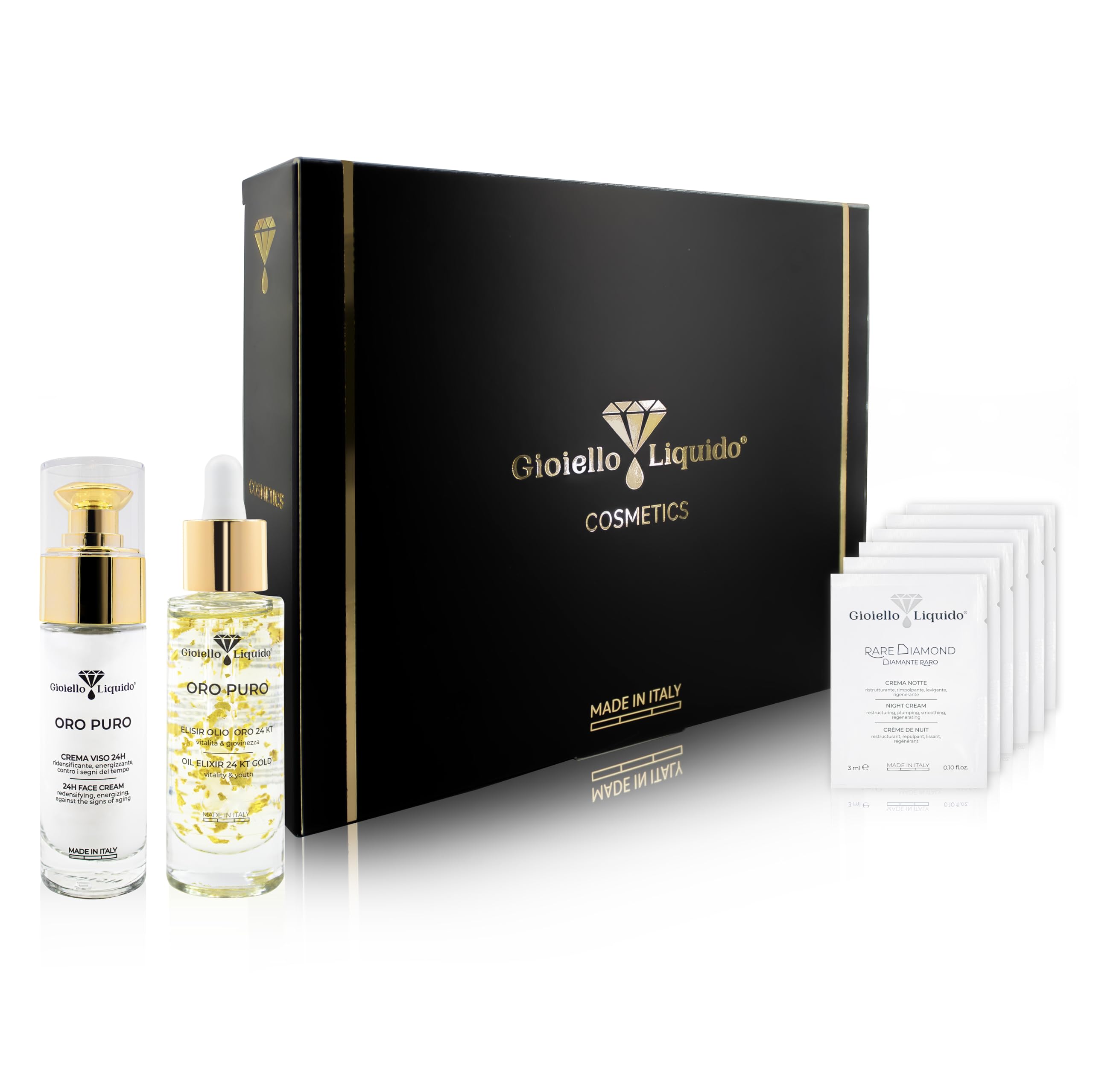 Pflegende Geschenkbox – Gesichtscreme mit Kollloidalgold, X50 Anti-Aging + Anti-Fleckenöl mit Gold 24 Karat und 7 ätherischen Ölen – Gratis Proben-Set – Box mit 30 ml – Gioiello Liquido
