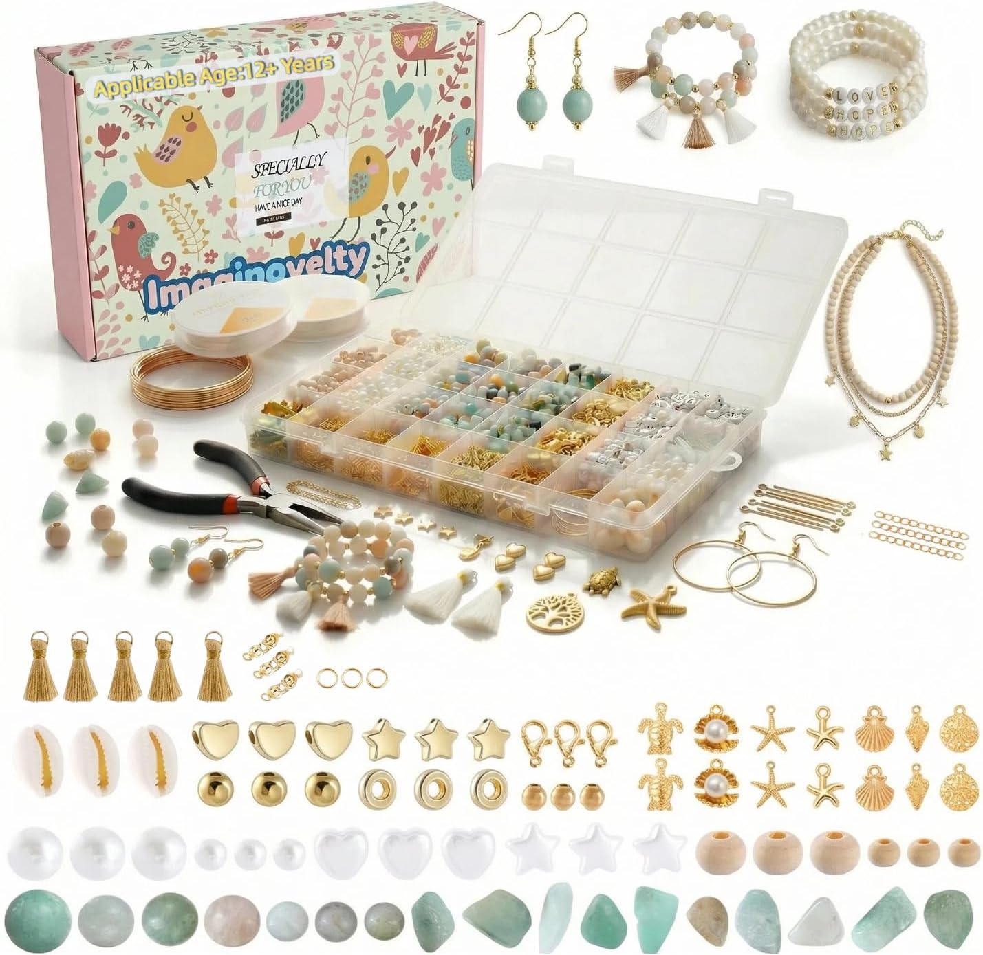 Imaginovelty 1920PCS Jewelry Making Kit with Natural Amazonite Stone Beads, Irregular Chips & Crystal Beads for Bracelets,Necklaces Earrings, Complete DIY Craft Set with Pliers & Gift Box